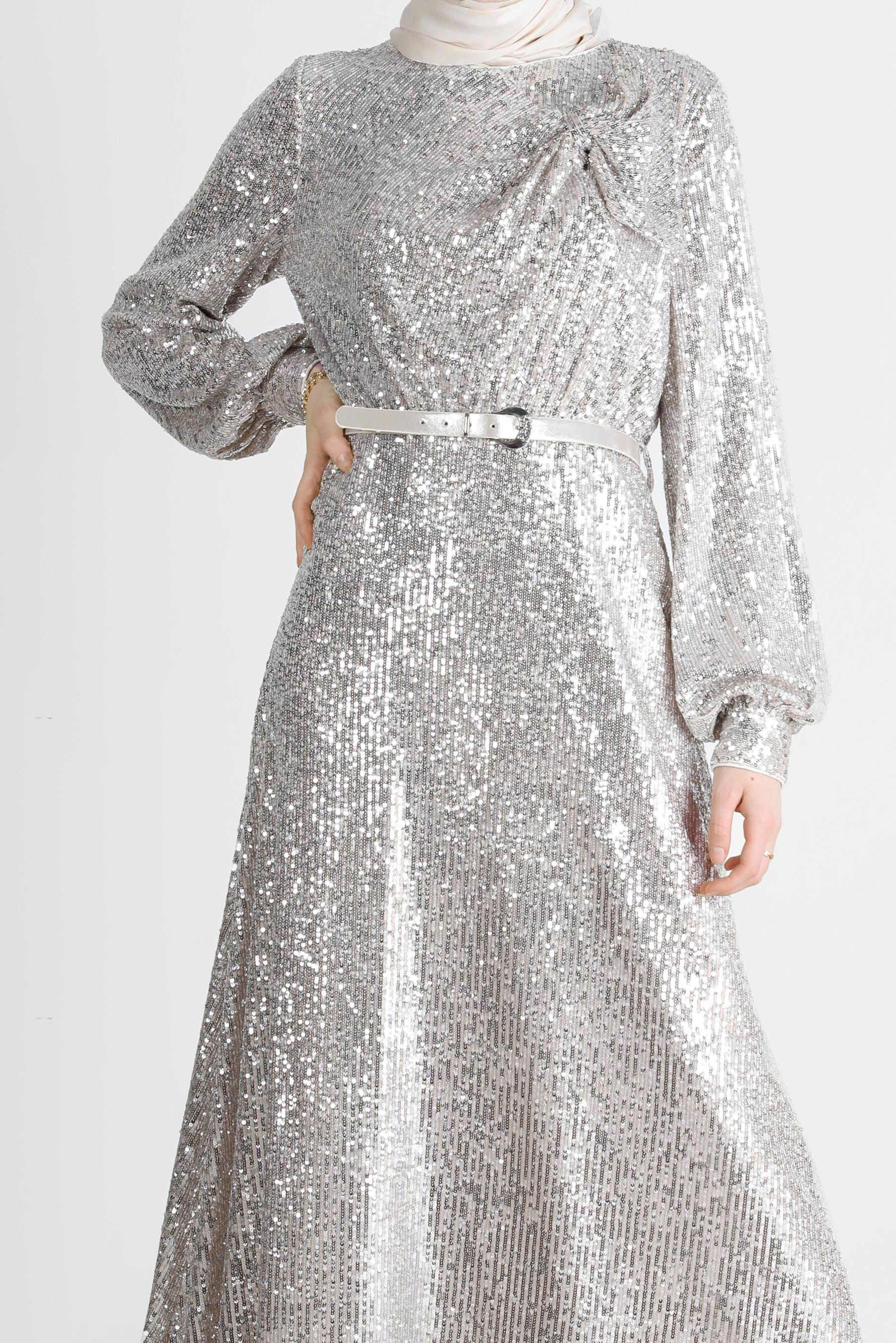 Tesettür giyim EKRU FİYONK DETAYLI PUL PAYET ABİYE 50232 