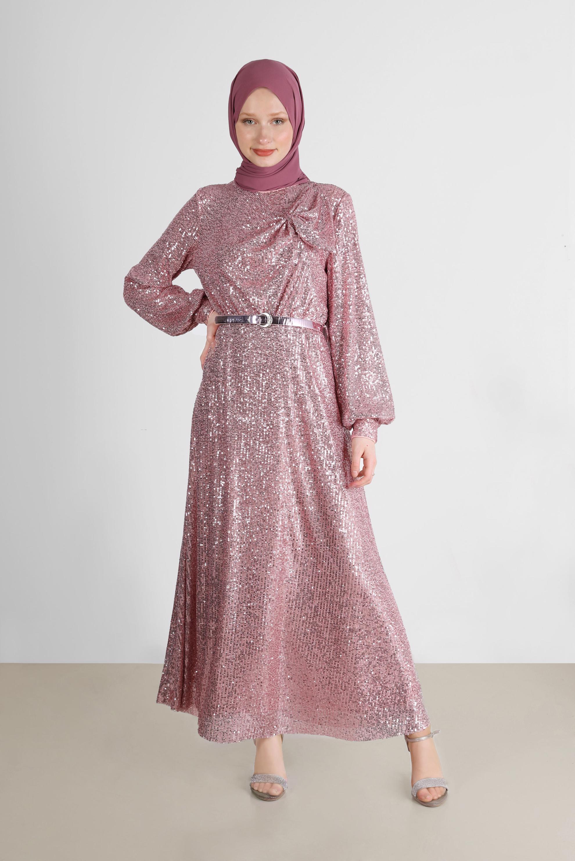 Tesettür giyim PEMBE FİYONK DETAYLI PUL PAYET ABİYE 50232 