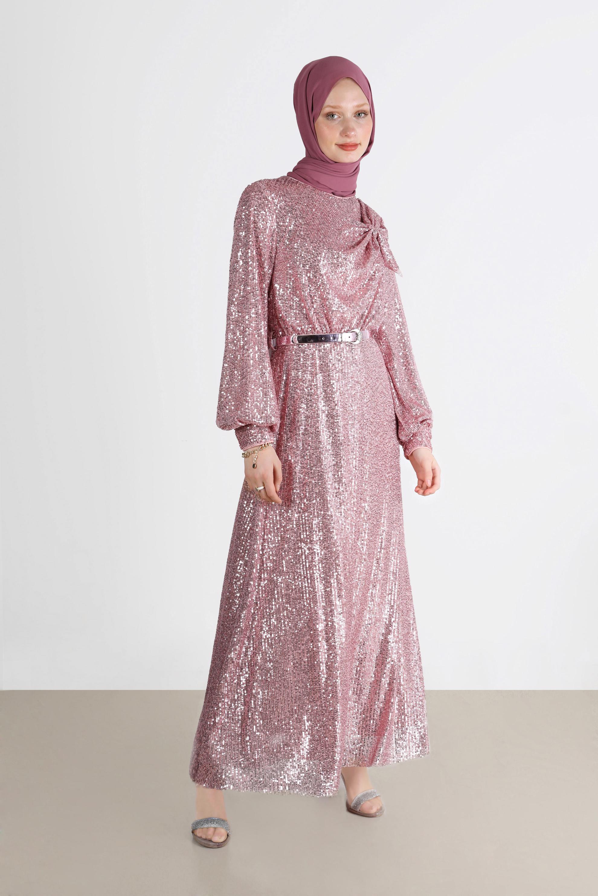 Tesettür giyim PEMBE FİYONK DETAYLI PUL PAYET ABİYE 50232 