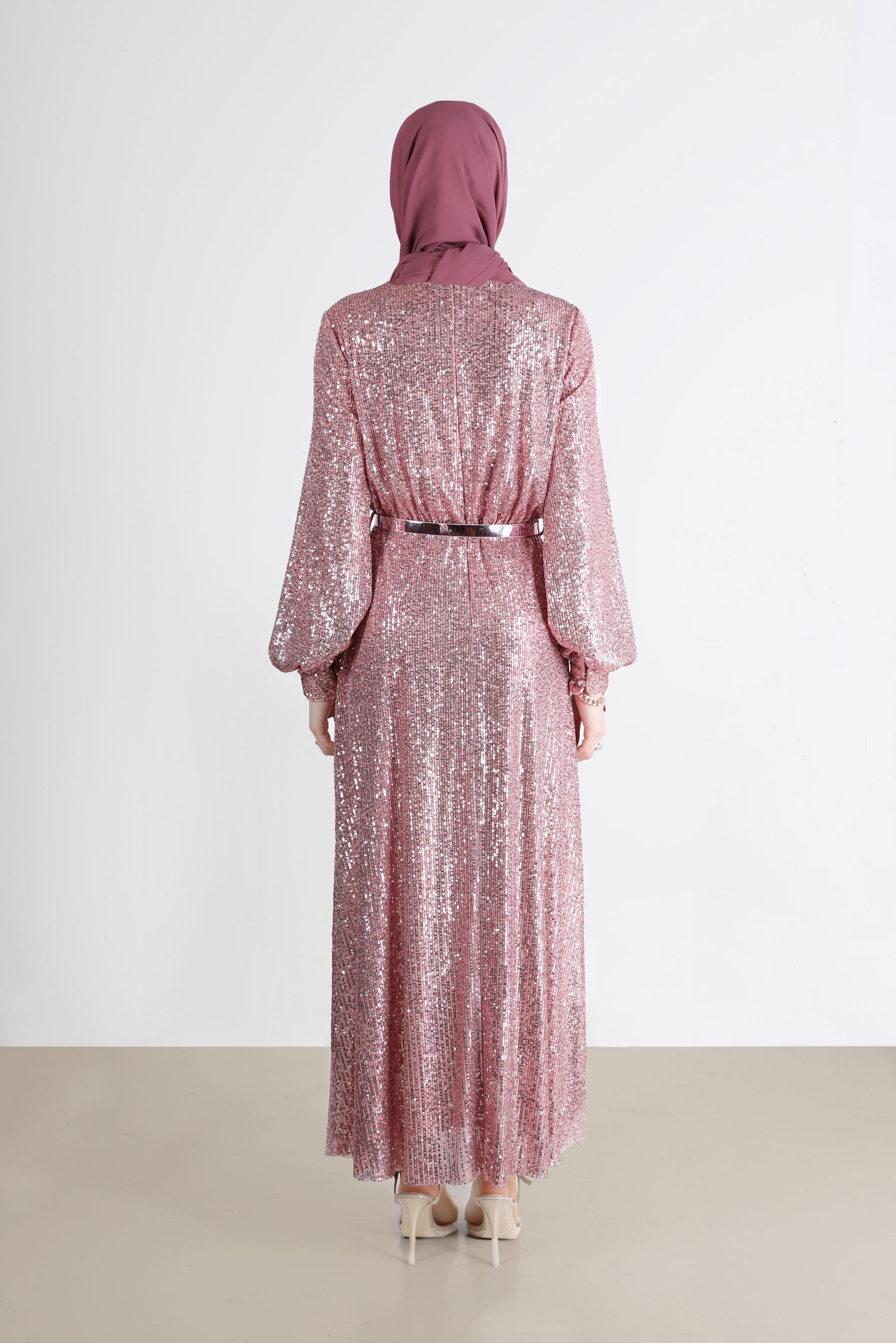 Tesettür giyim PEMBE FİYONK DETAYLI PUL PAYET ABİYE 50232 