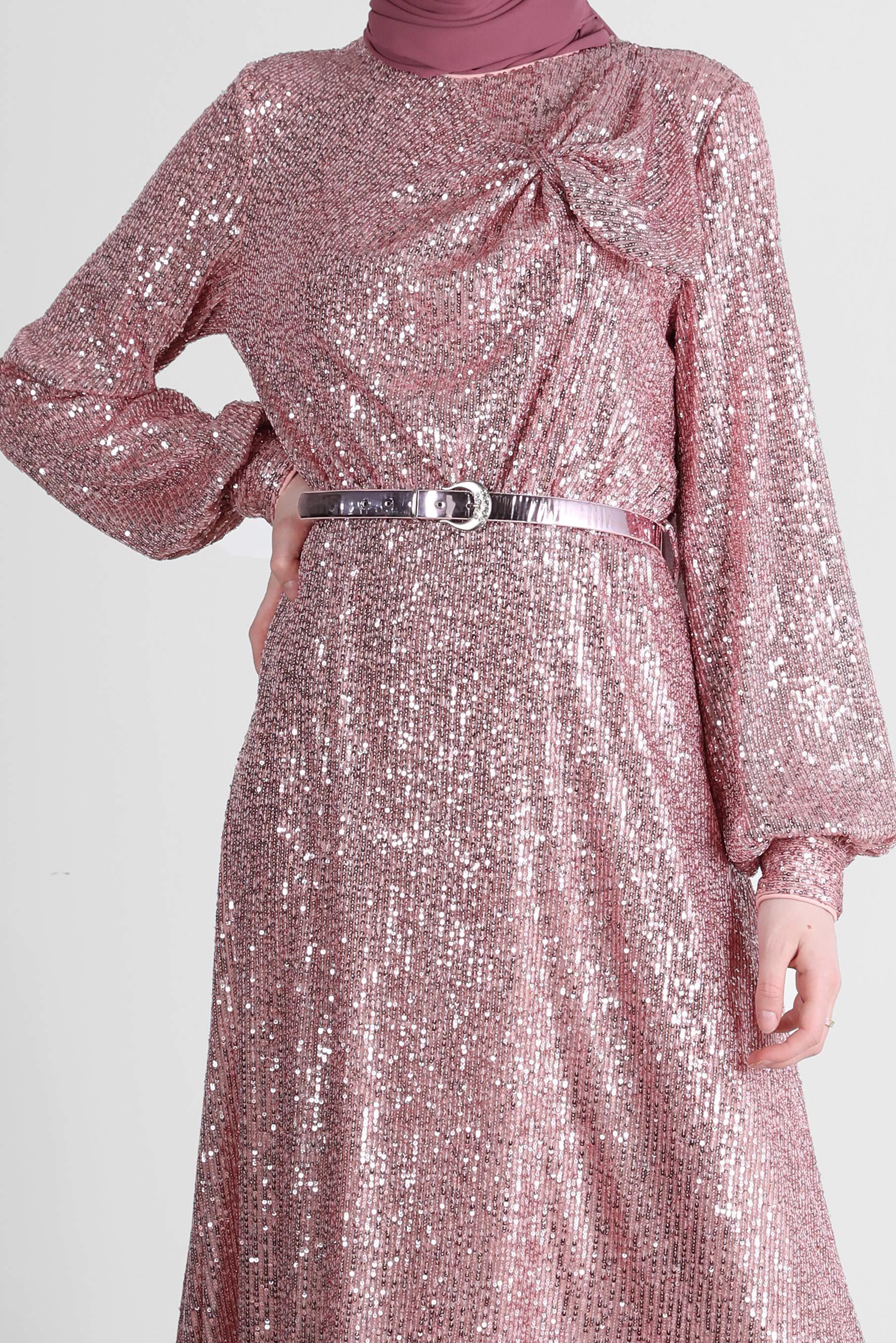 Tesettür giyim PEMBE FİYONK DETAYLI PUL PAYET ABİYE 50232 