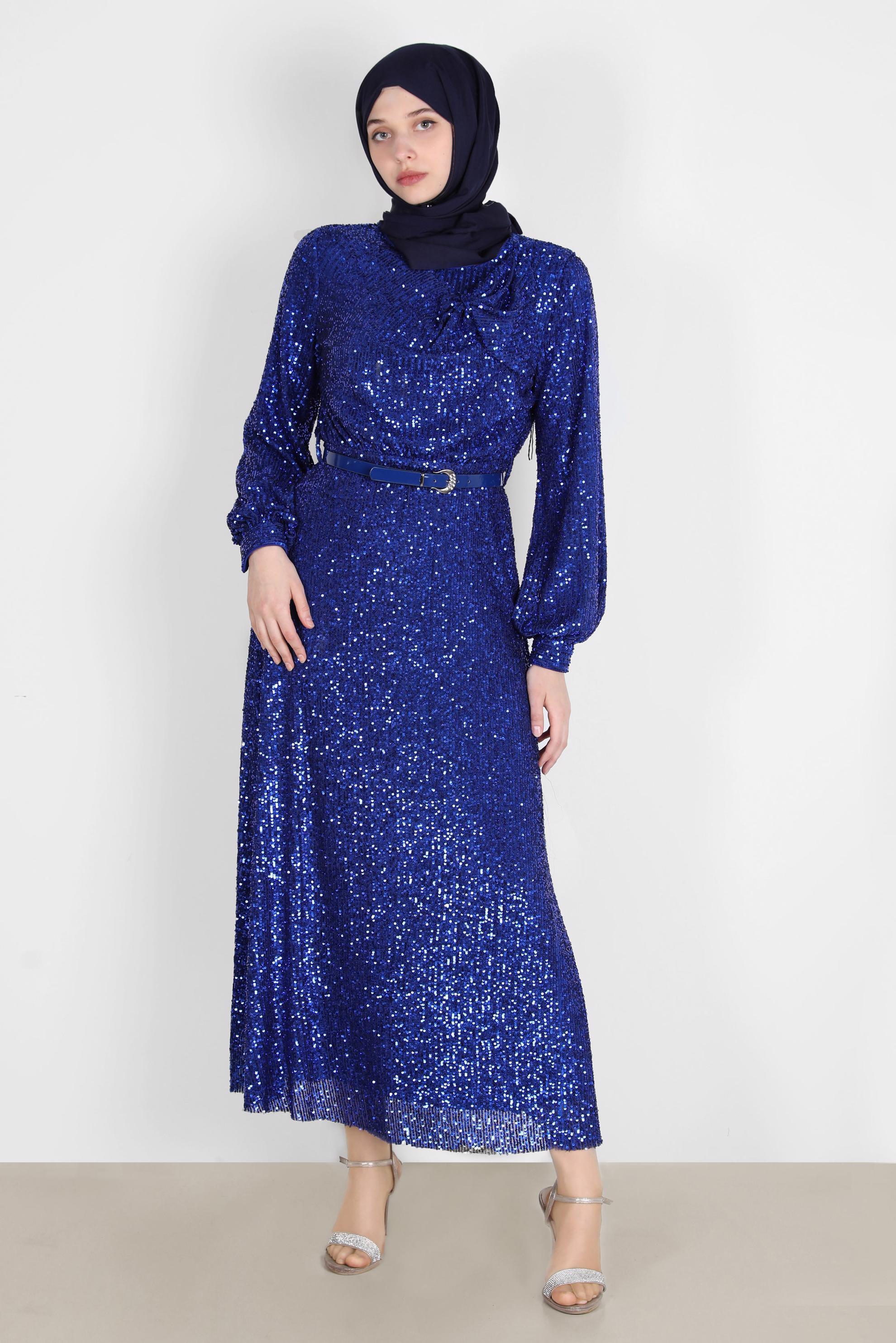 Tesettür giyim LACİVERT FİYONK DETAYLI PUL PAYET ABİYE 50232 