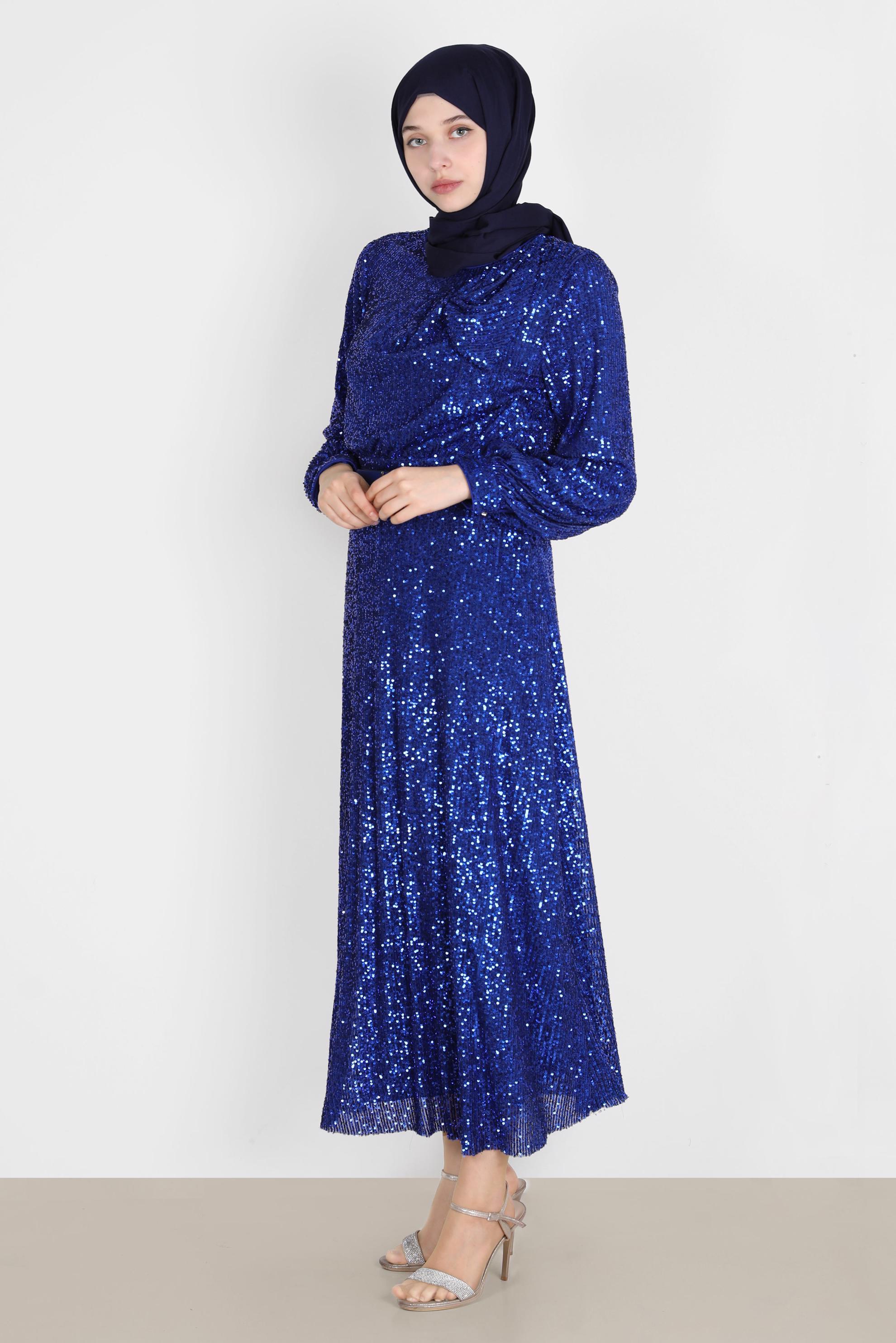 Tesettür giyim LACİVERT FİYONK DETAYLI PUL PAYET ABİYE 50232 