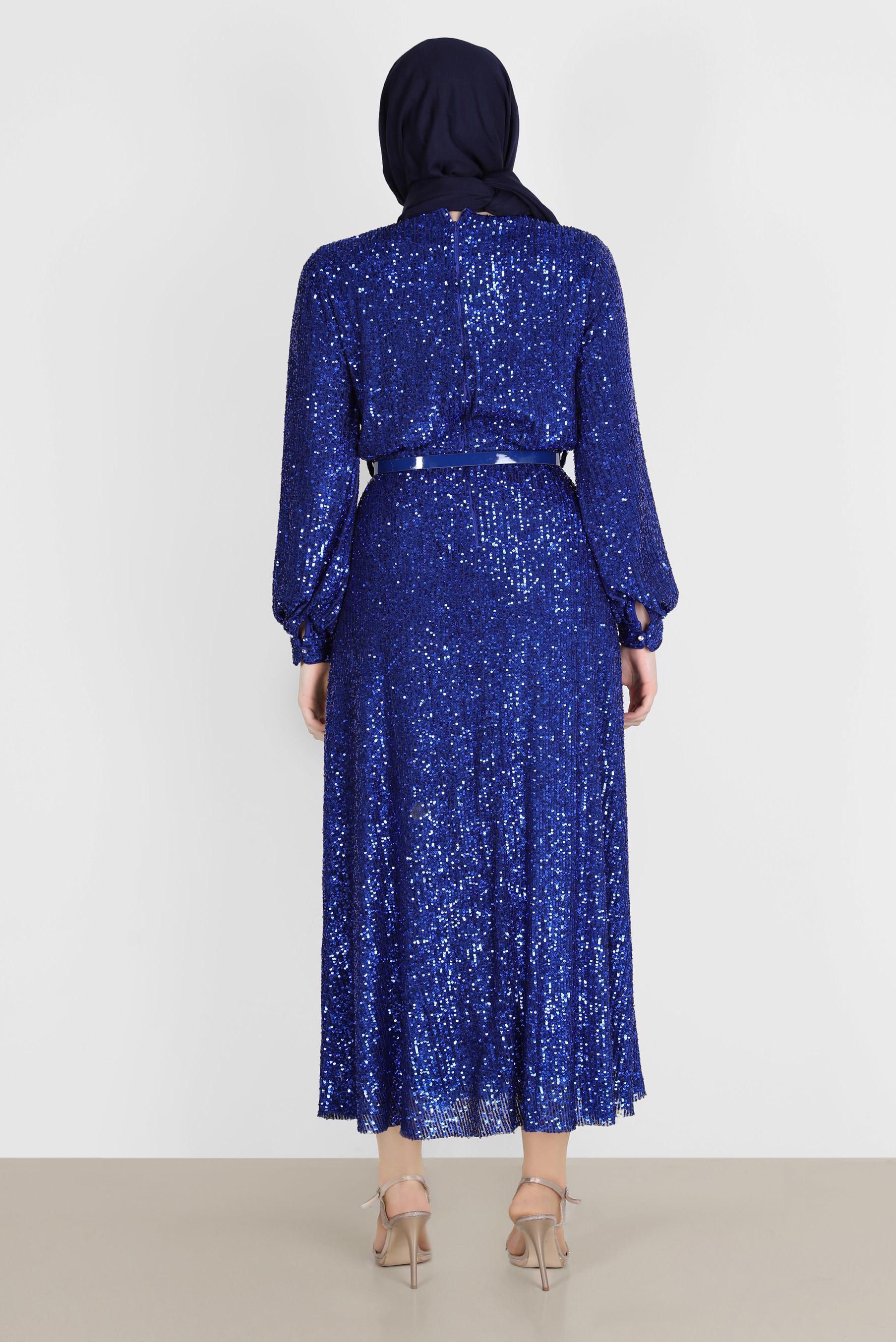 Tesettür giyim LACİVERT FİYONK DETAYLI PUL PAYET ABİYE 50232 