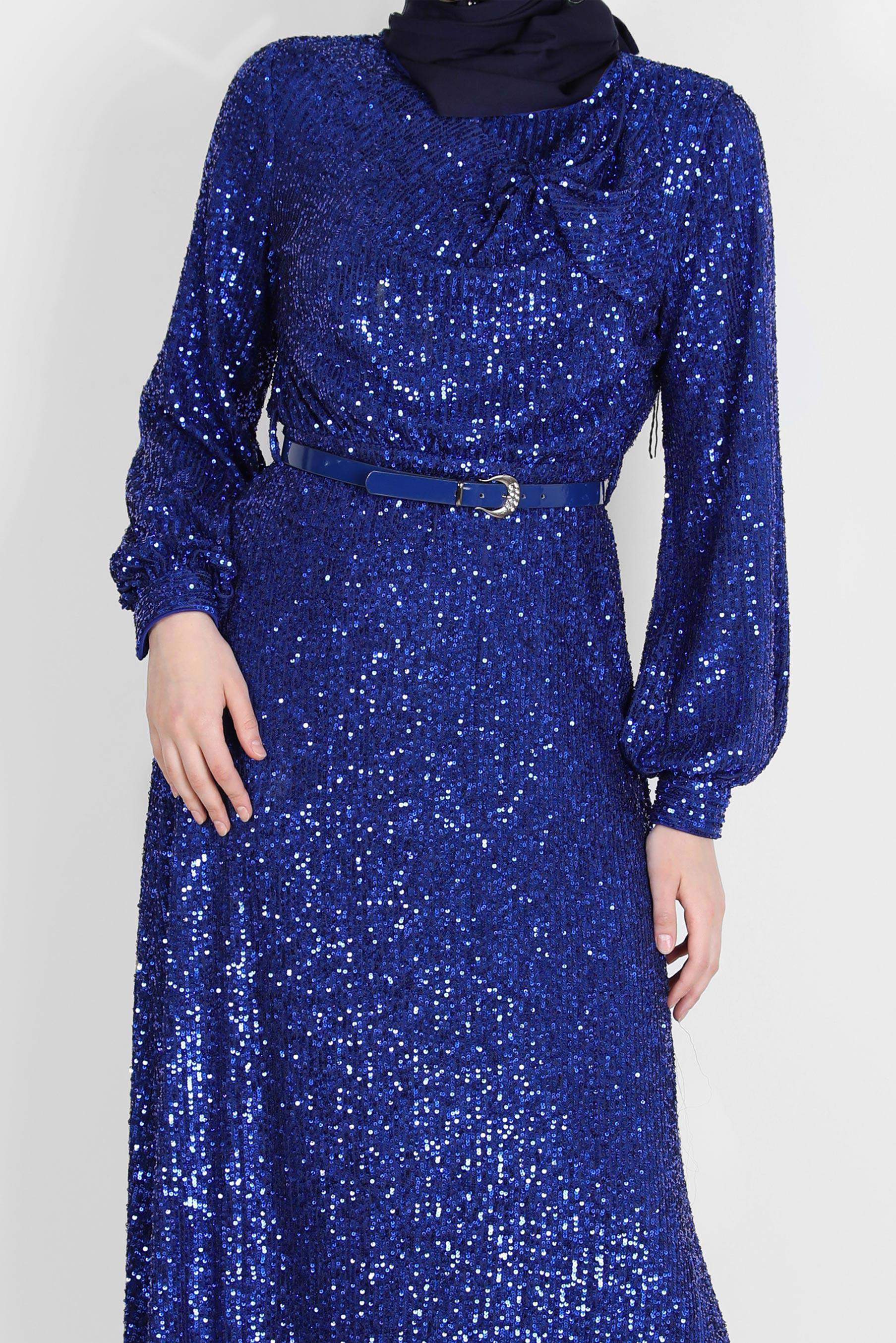 Tesettür giyim LACİVERT FİYONK DETAYLI PUL PAYET ABİYE 50232 