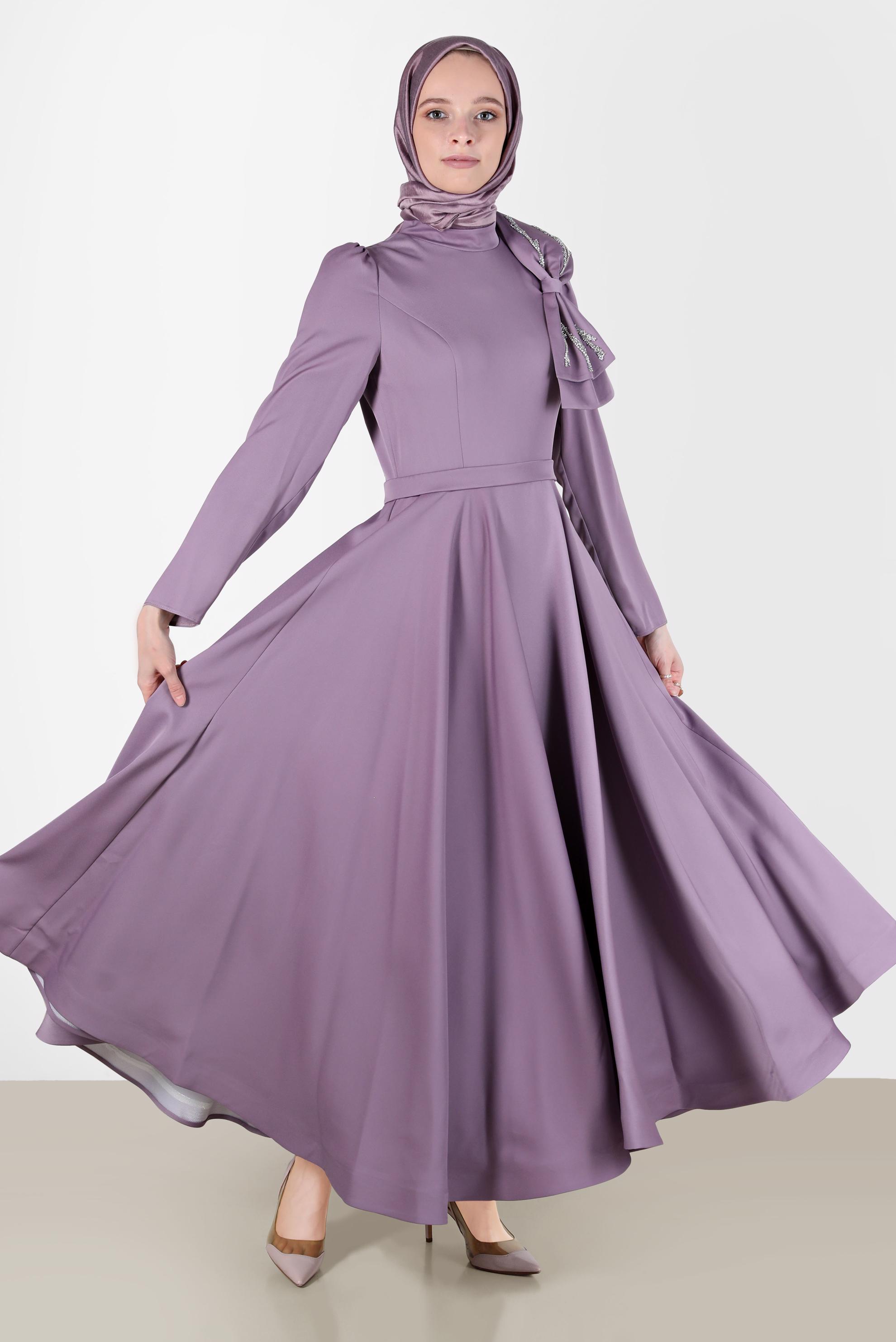 Tesettür giyim MOR FİYONK DETAYLI ABİYE ELBİSE 50233