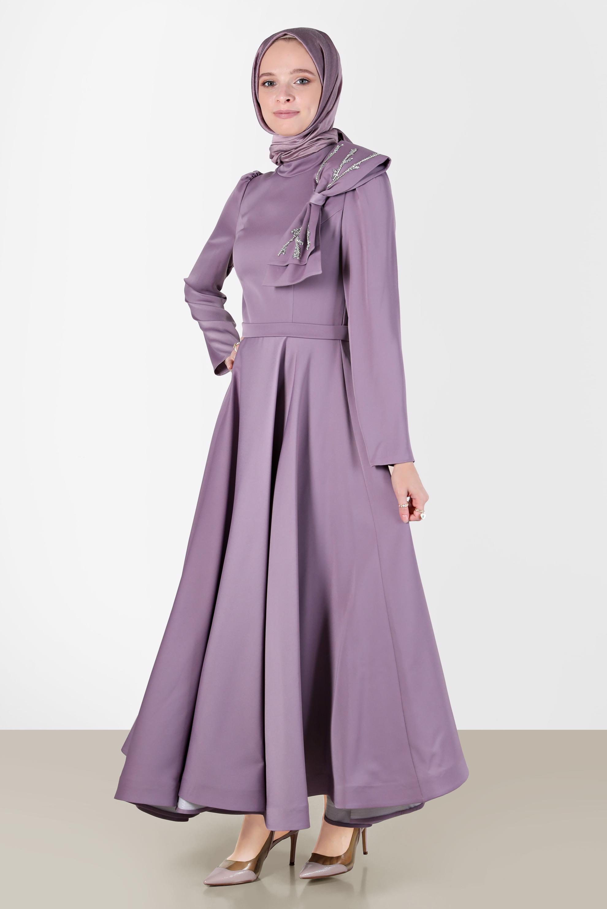Tesettür giyim MOR FİYONK DETAYLI ABİYE ELBİSE 50233