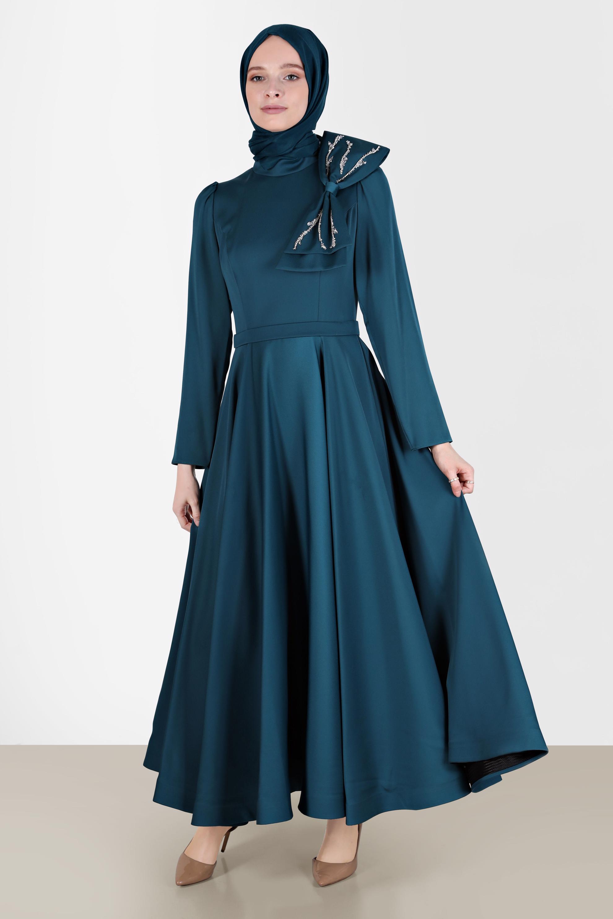 Tesettür giyim YEŞİL FİYONK DETAYLI ABİYE ELBİSE 50233