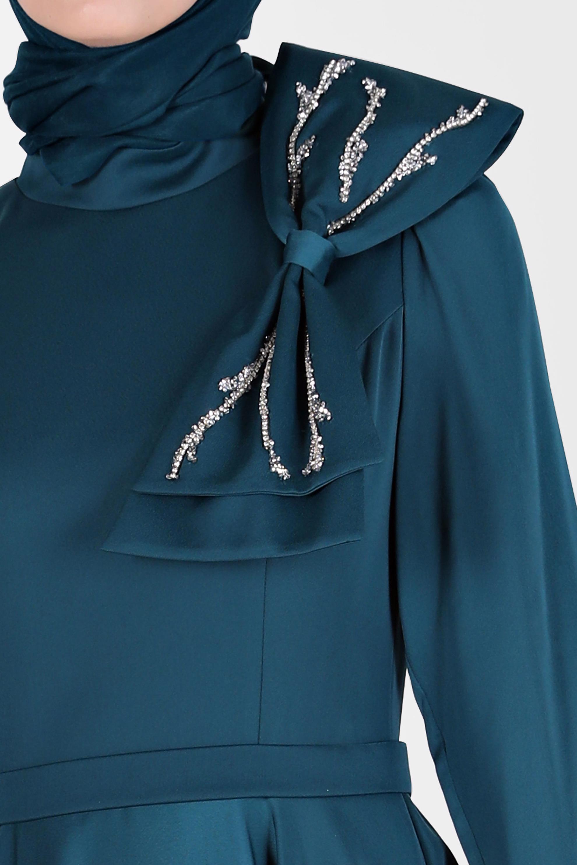 Tesettür giyim YEŞİL FİYONK DETAYLI ABİYE ELBİSE 50233