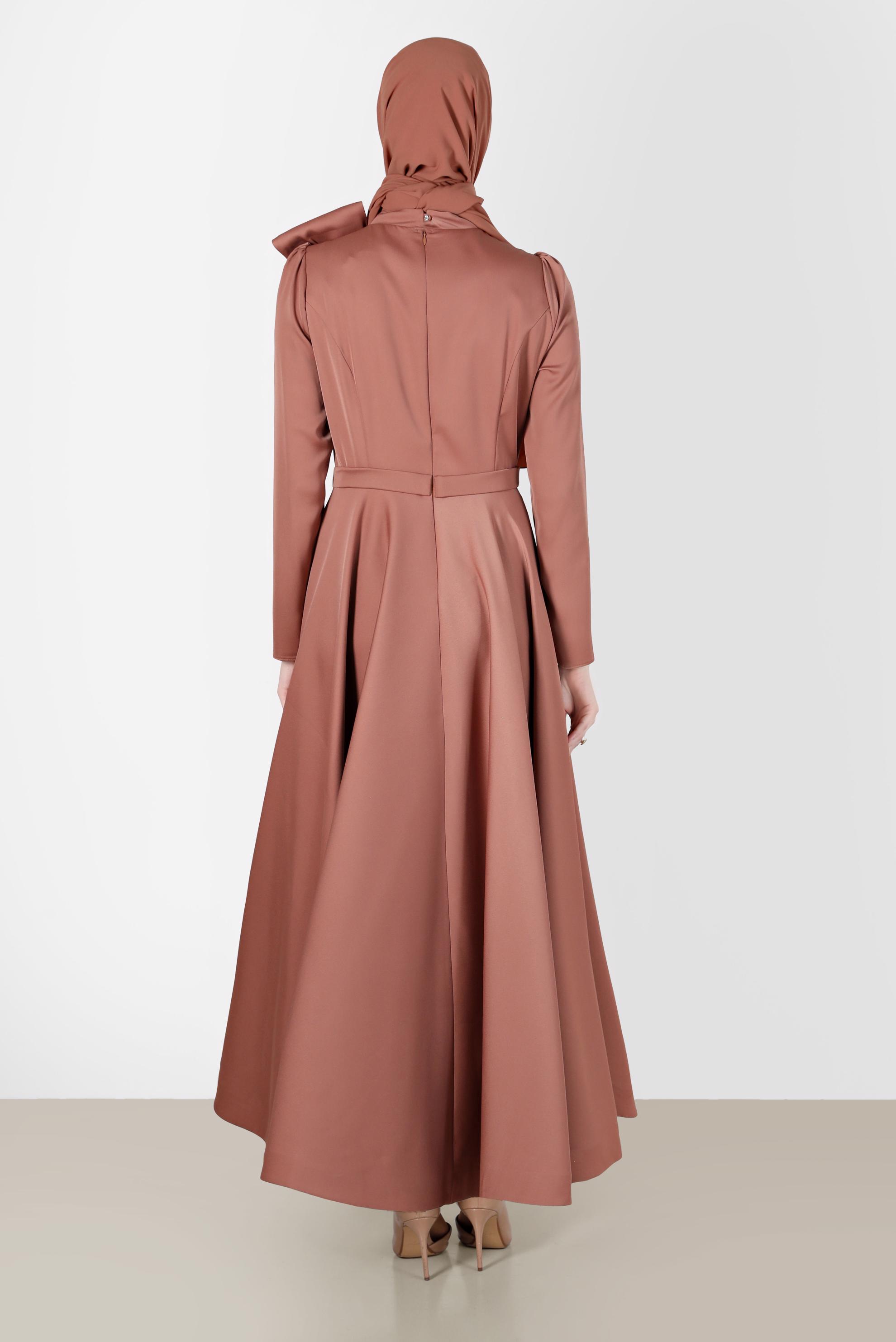 Tesettür giyim KAHVE FİYONK DETAYLI ABİYE ELBİSE 50233