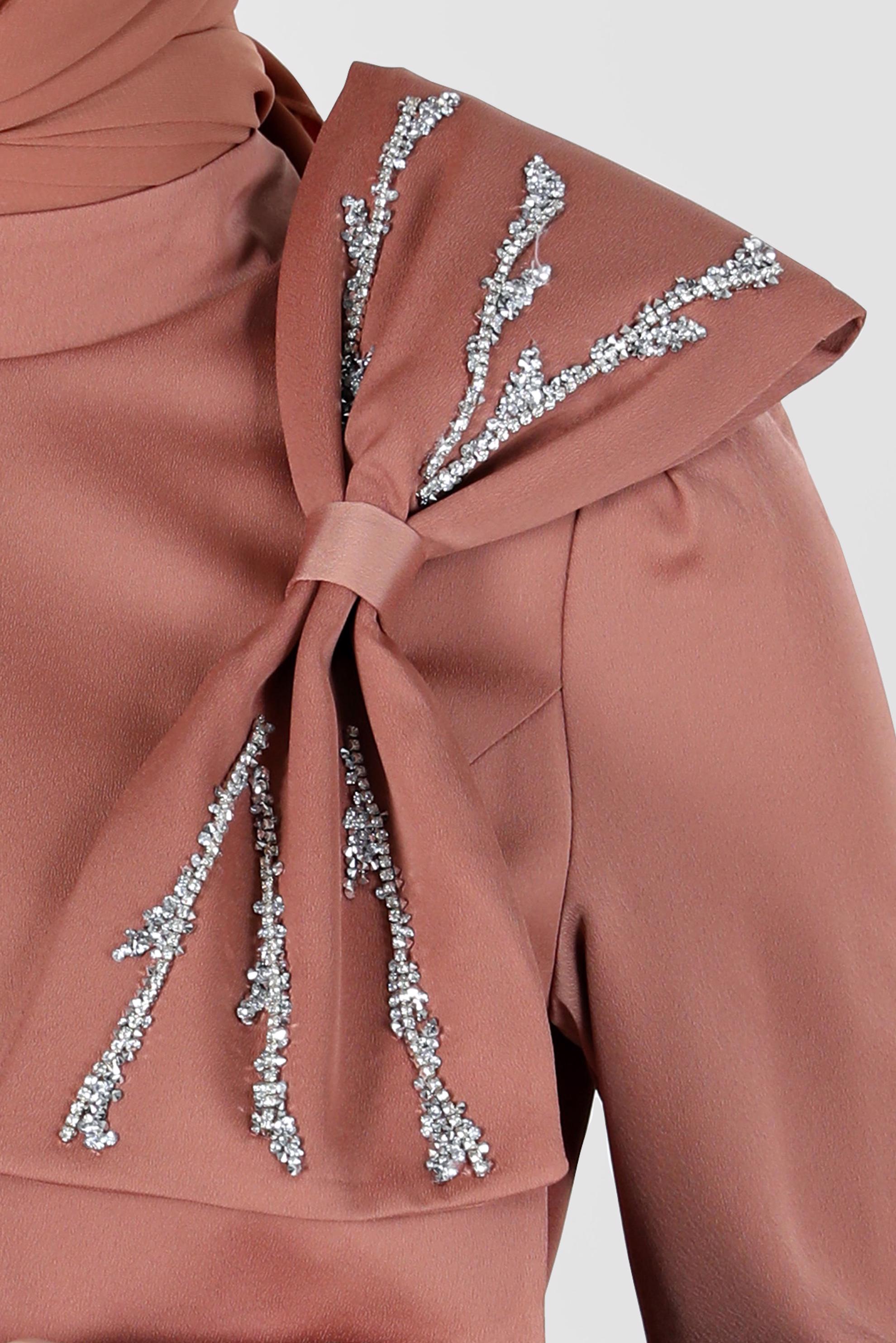 Tesettür giyim KAHVE FİYONK DETAYLI ABİYE ELBİSE 50233