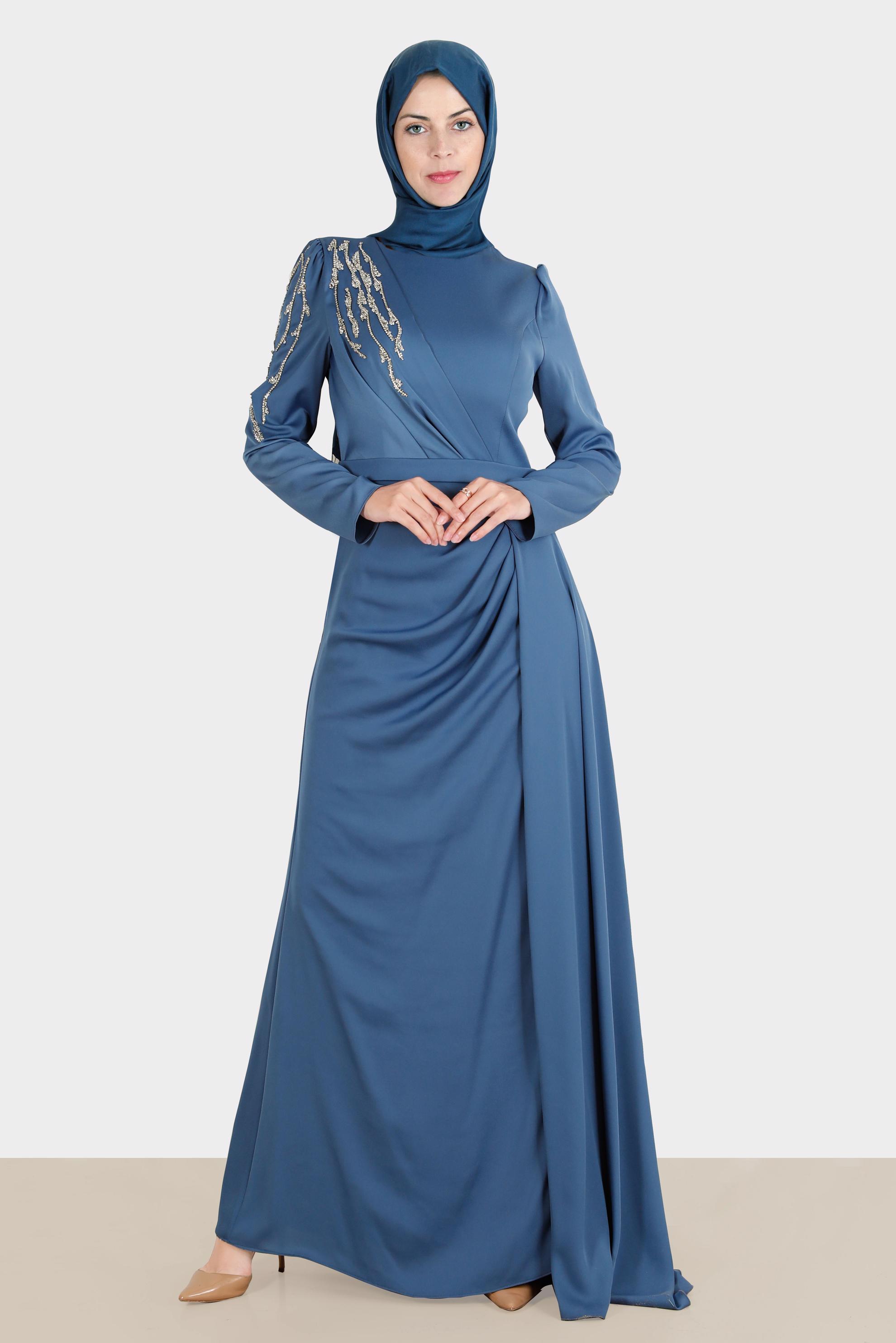 Tesettür giyim LACİVERT TAŞ İŞLEMELİ SATEN ABİYE 50234 