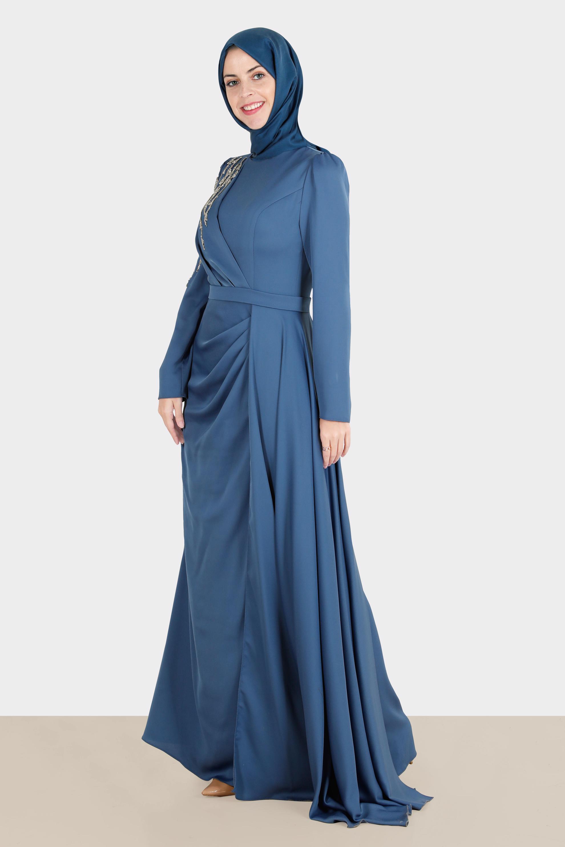 Tesettür giyim LACİVERT TAŞ İŞLEMELİ SATEN ABİYE 50234 
