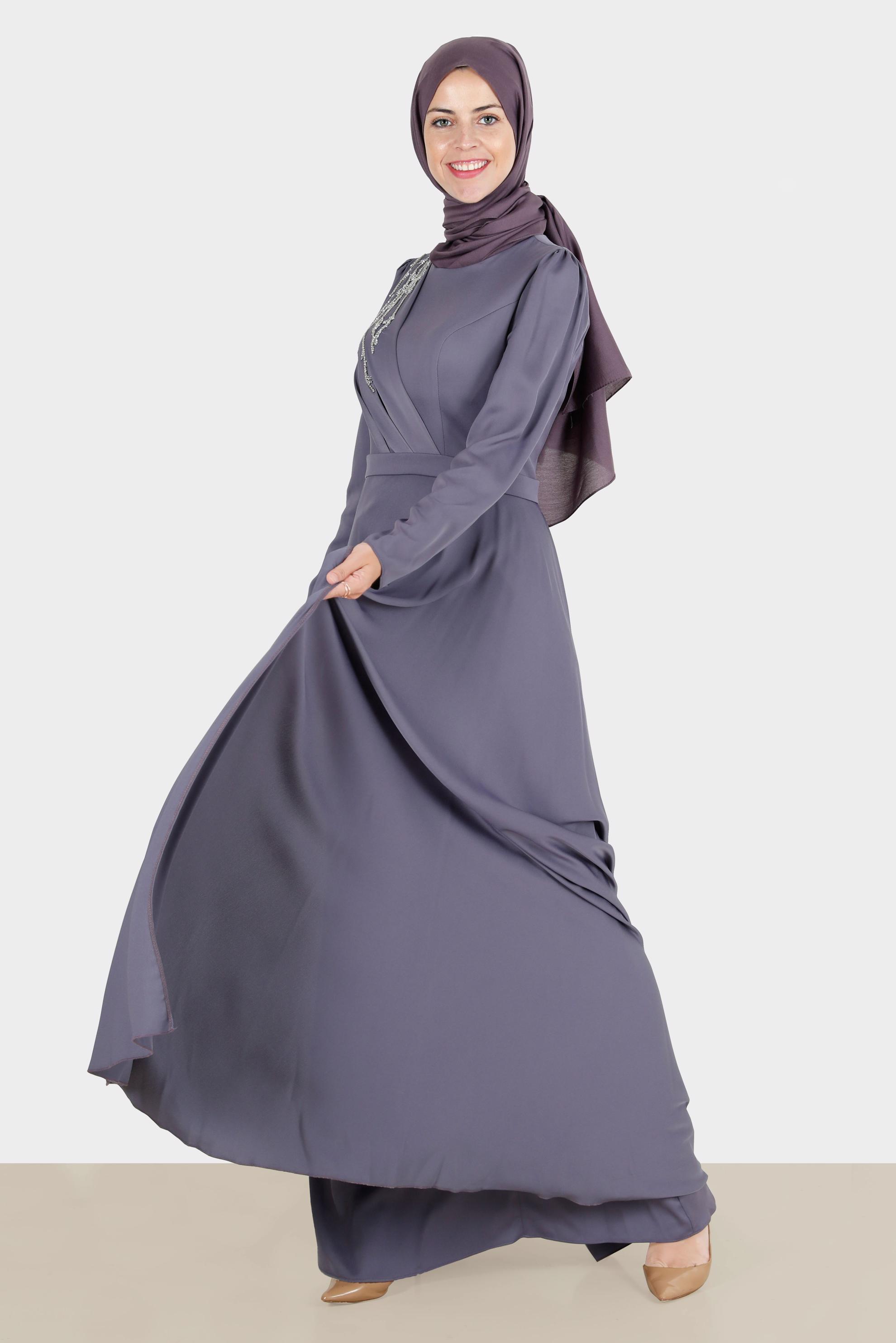 Tesettür giyim MOR TAŞ İŞLEMELİ SATEN ABİYE 50234 