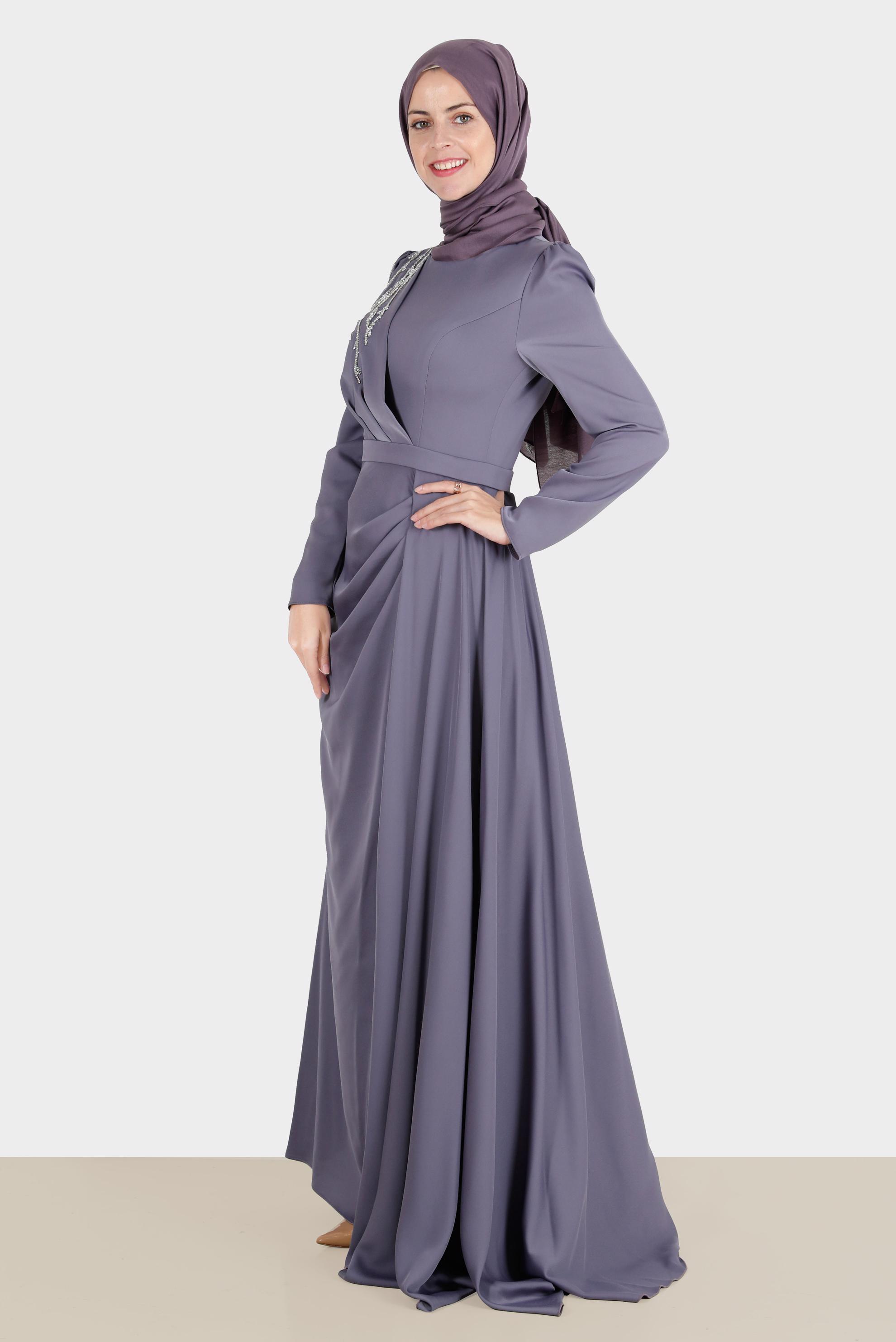 Tesettür giyim MOR TAŞ İŞLEMELİ SATEN ABİYE 50234 