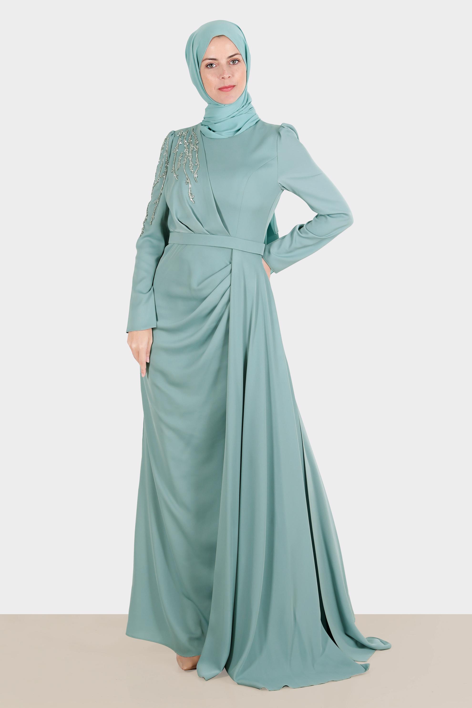 Tesettür giyim MAVİ TAŞ İŞLEMELİ SATEN ABİYE 50234 