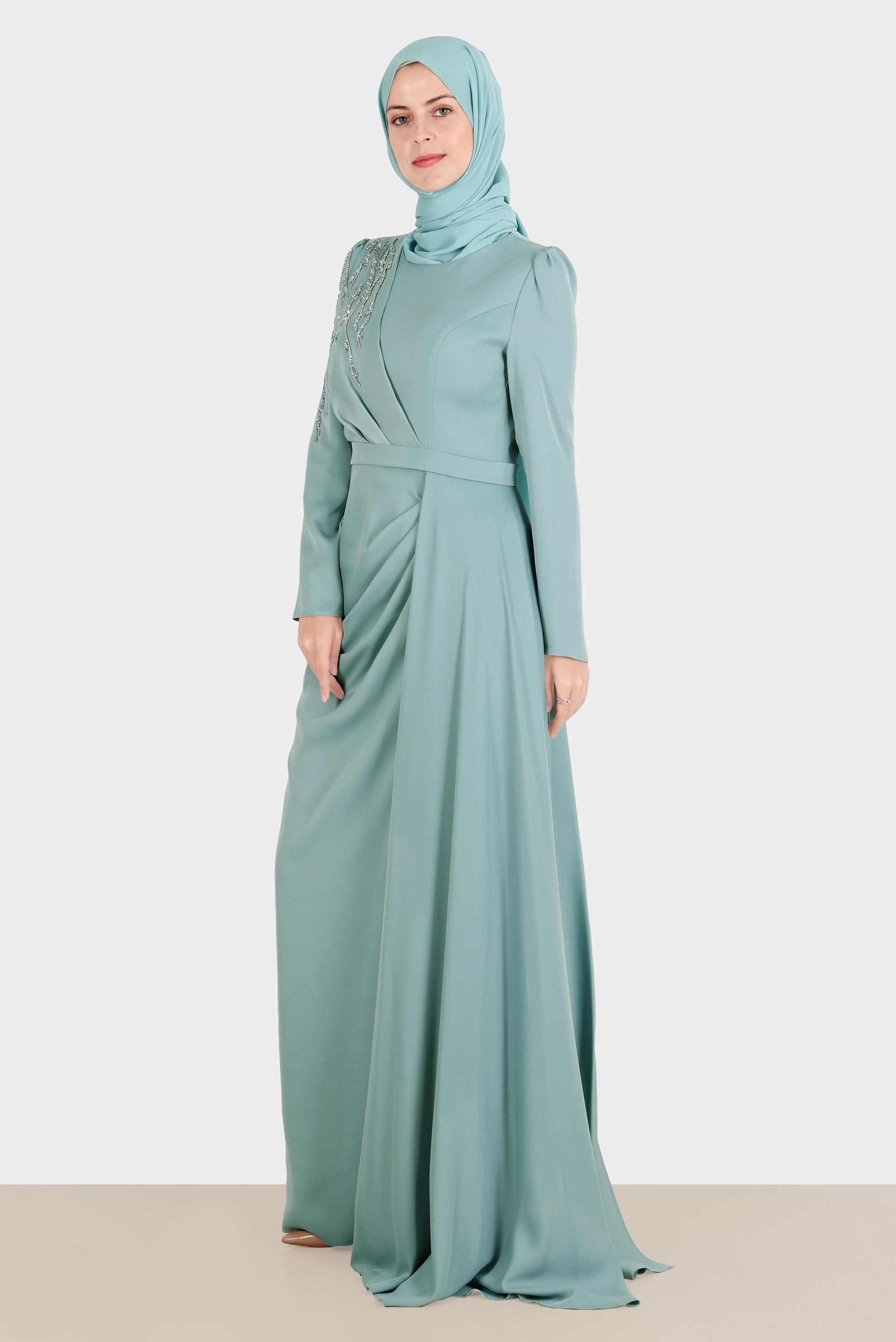 Tesettür giyim MAVİ TAŞ İŞLEMELİ SATEN ABİYE 50234 