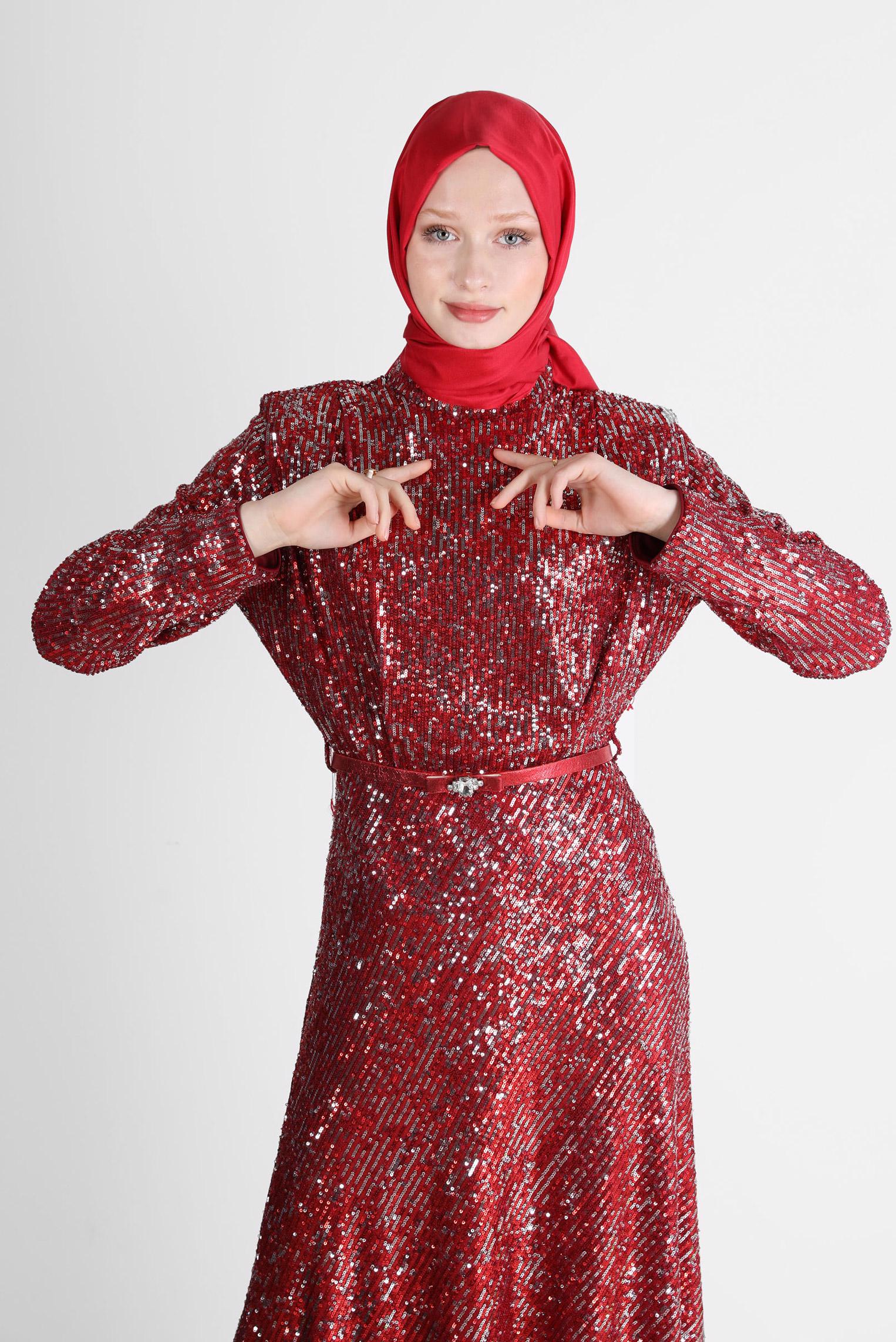 Tesettür giyim KIRMIZI VATKA GÖRÜNÜMLÜ PULLU ABİYE ELBİSE 50235 