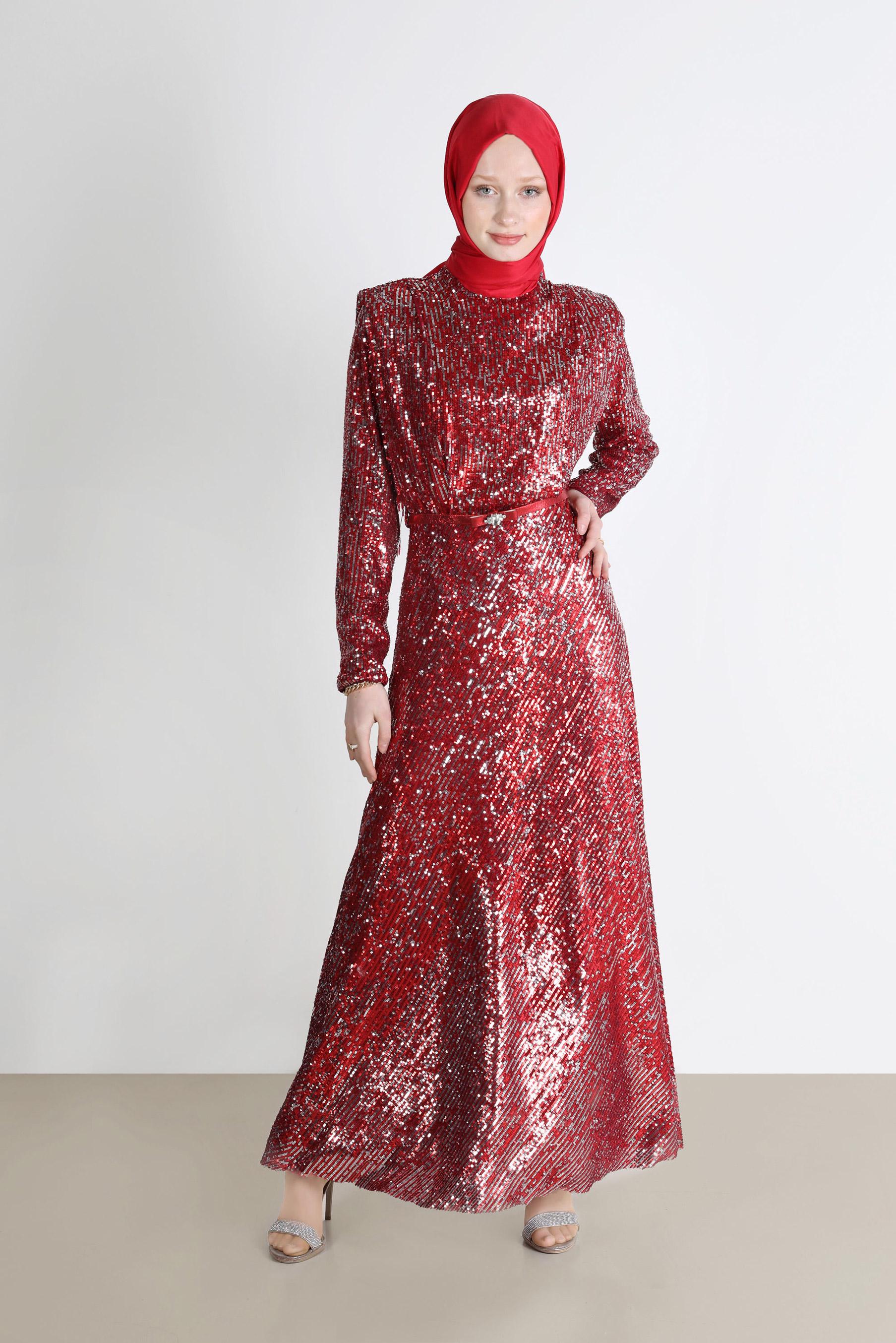 Tesettür giyim KIRMIZI VATKA GÖRÜNÜMLÜ PULLU ABİYE ELBİSE 50235 