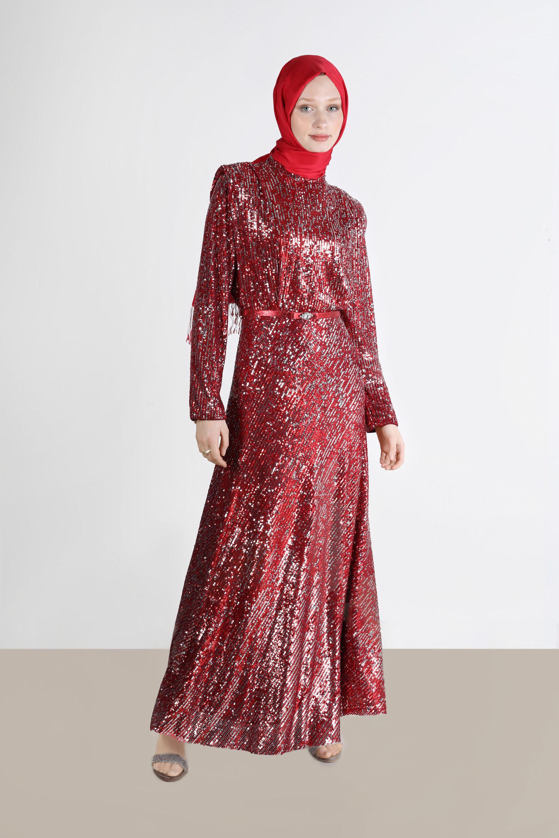 Tesettür giyim KIRMIZI VATKA GÖRÜNÜMLÜ PULLU ABİYE ELBİSE 50235 