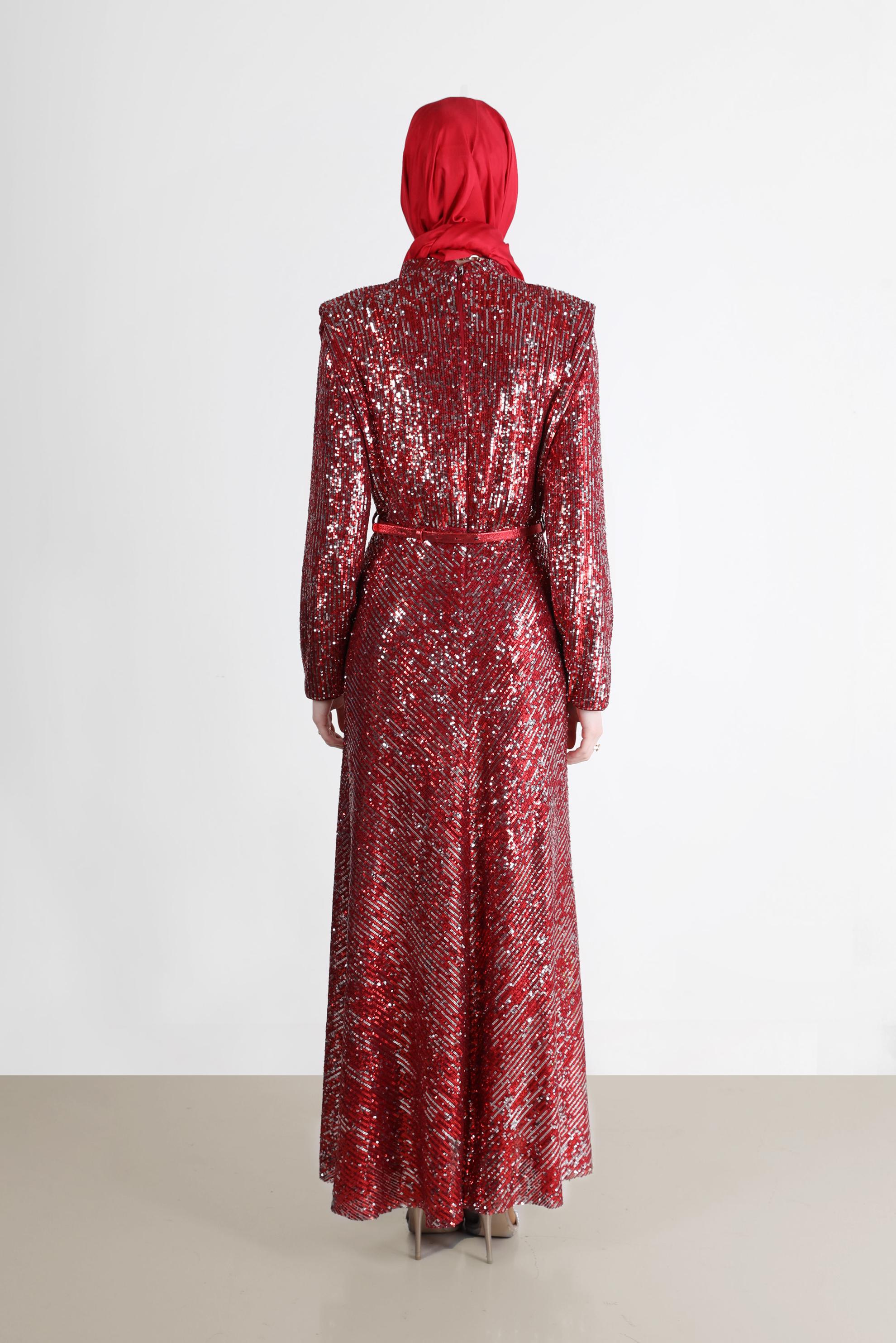 Tesettür giyim KIRMIZI VATKA GÖRÜNÜMLÜ PULLU ABİYE ELBİSE 50235 