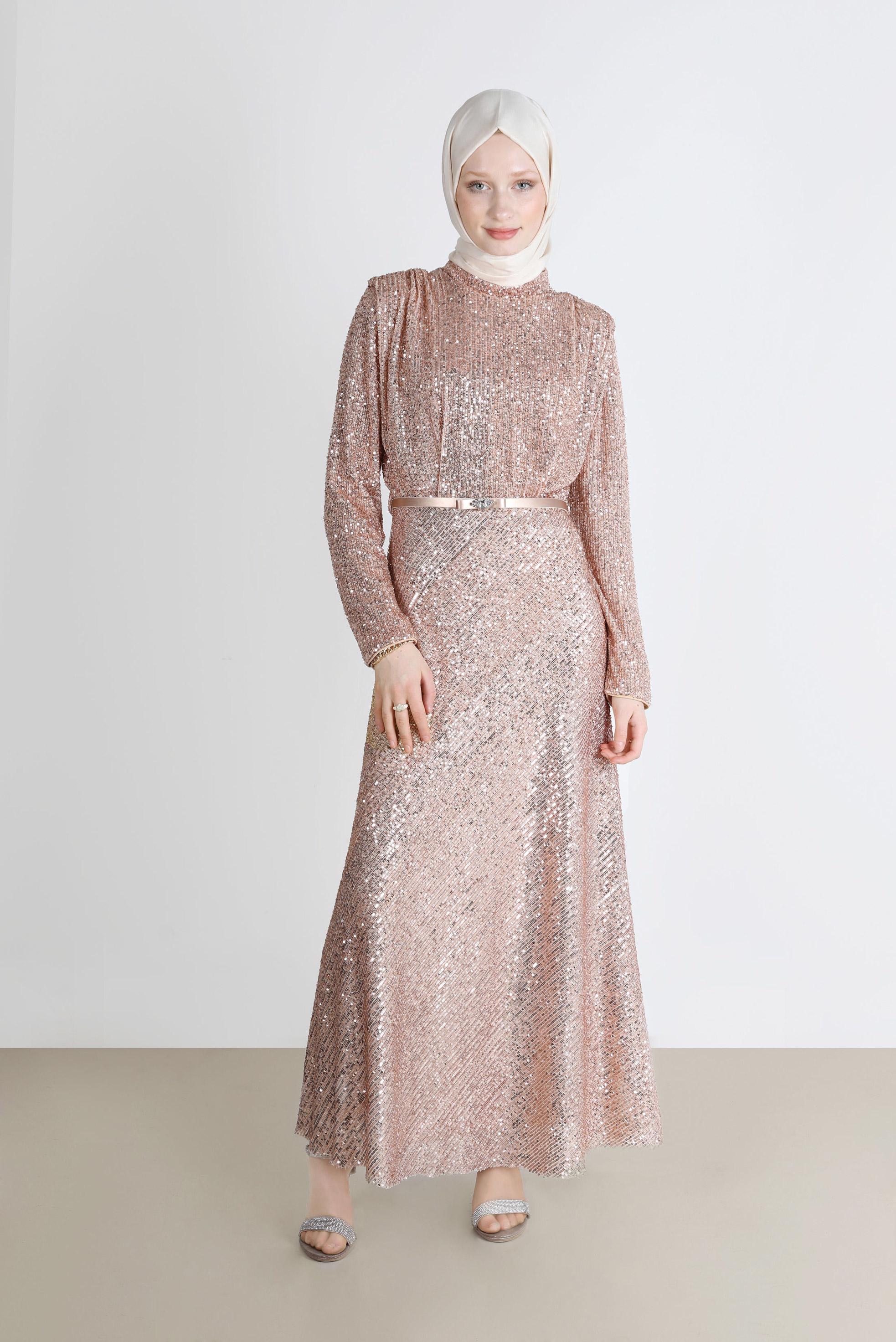 Tesettür giyim PUDRA VATKA GÖRÜNÜMLÜ PULLU ABİYE ELBİSE 50235 