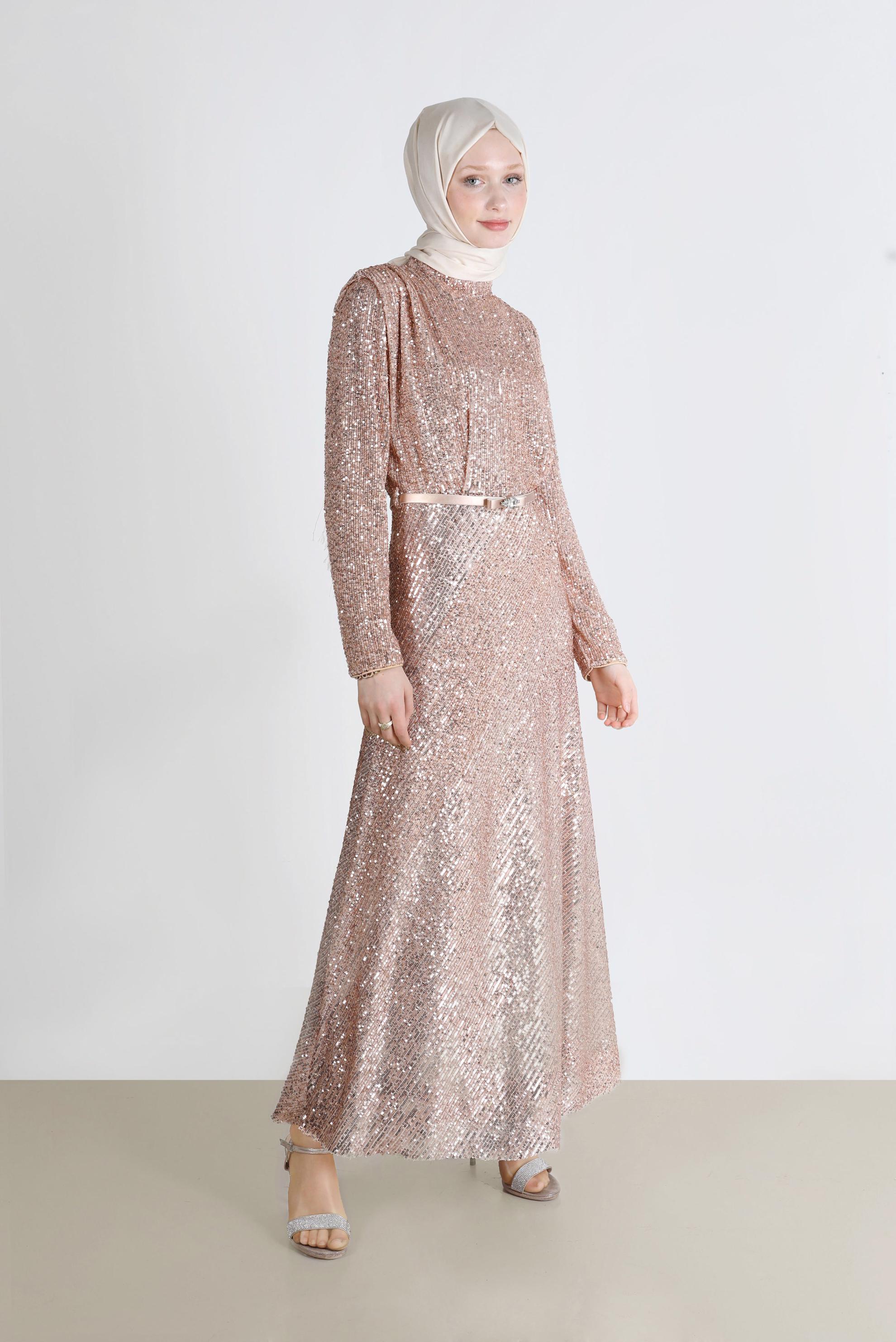 Tesettür giyim PUDRA VATKA GÖRÜNÜMLÜ PULLU ABİYE ELBİSE 50235 