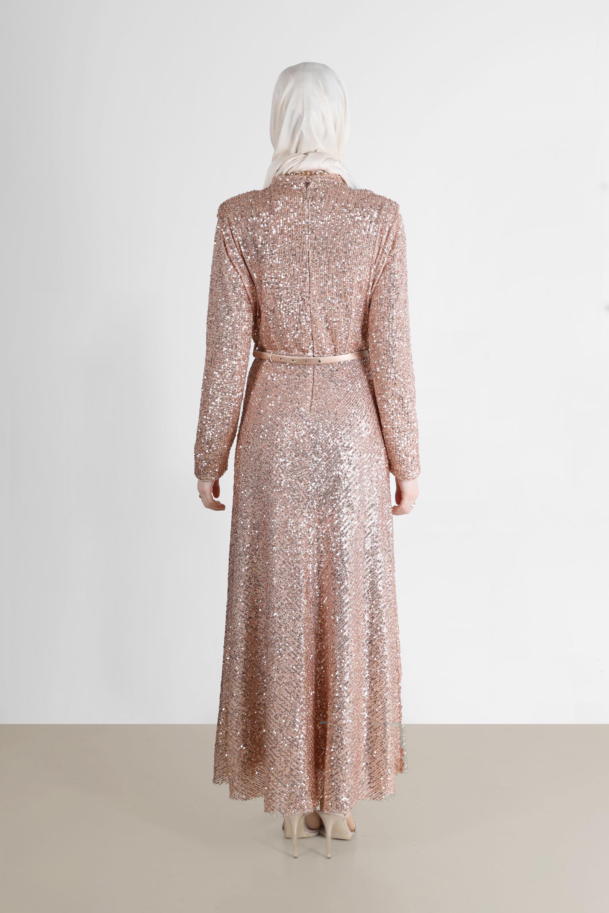 Tesettür giyim PUDRA VATKA GÖRÜNÜMLÜ PULLU ABİYE ELBİSE 50235 