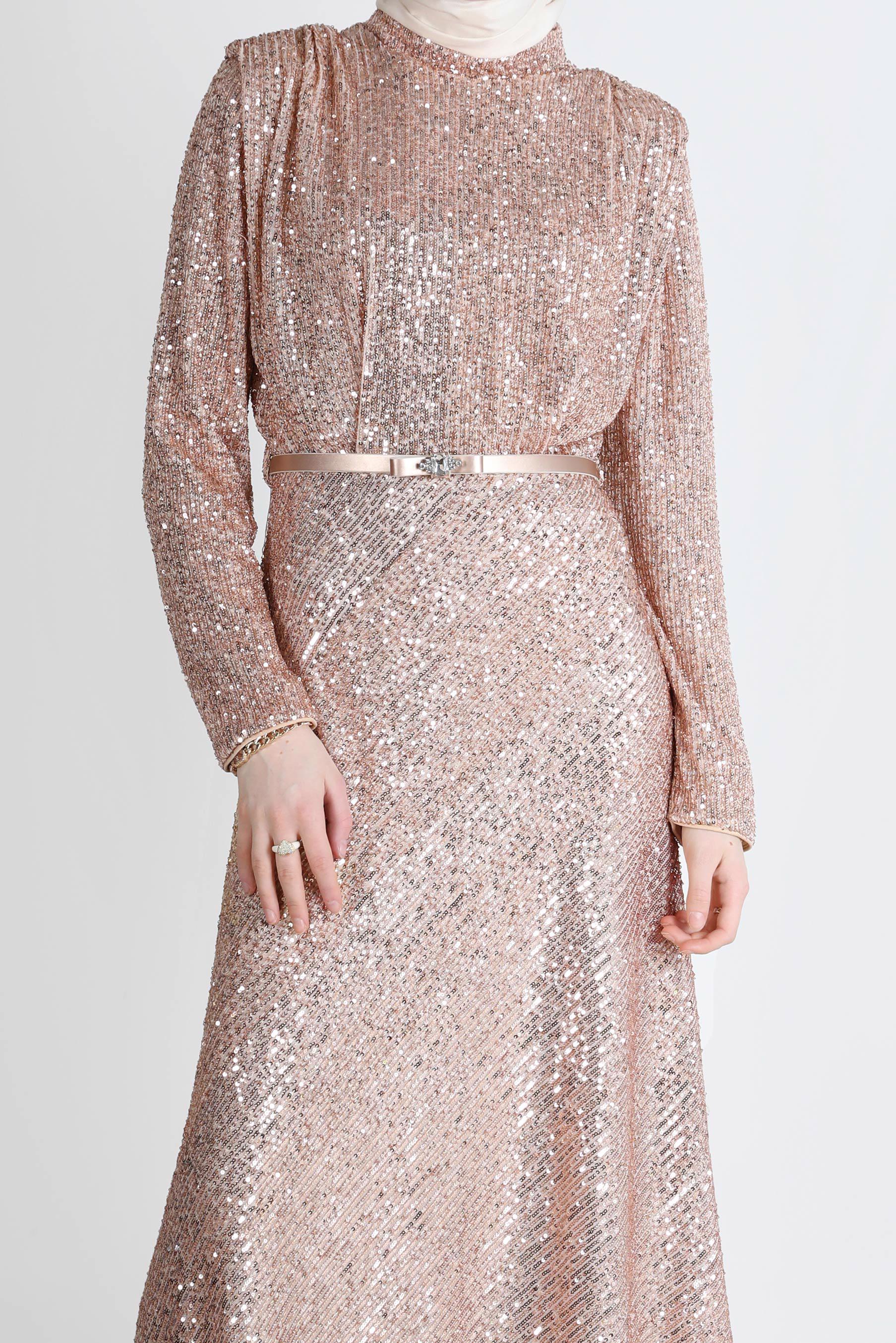 Tesettür giyim PUDRA VATKA GÖRÜNÜMLÜ PULLU ABİYE ELBİSE 50235 