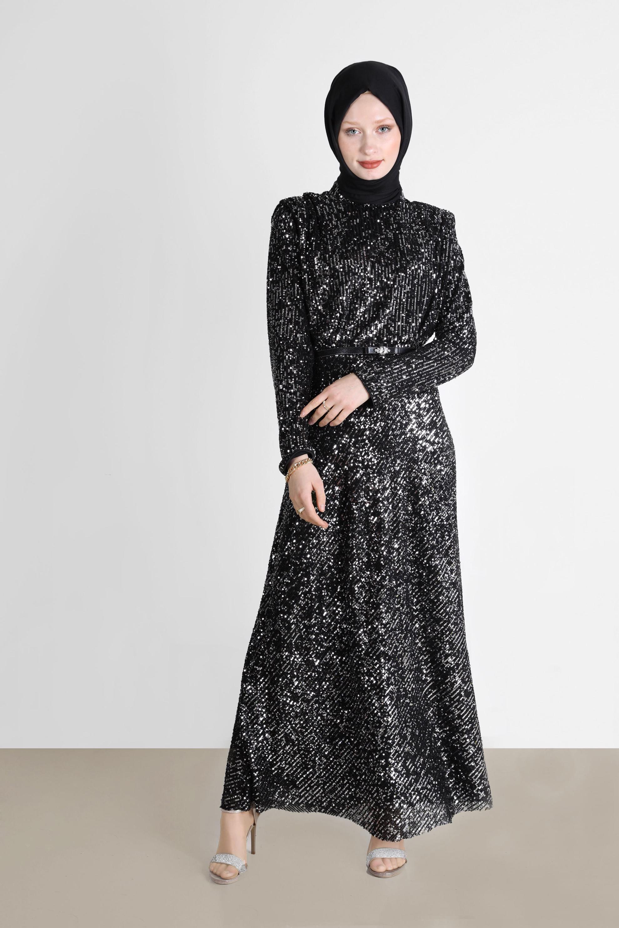 Tesettür giyim SİYAH VATKA GÖRÜNÜMLÜ PULLU ABİYE ELBİSE 50235 