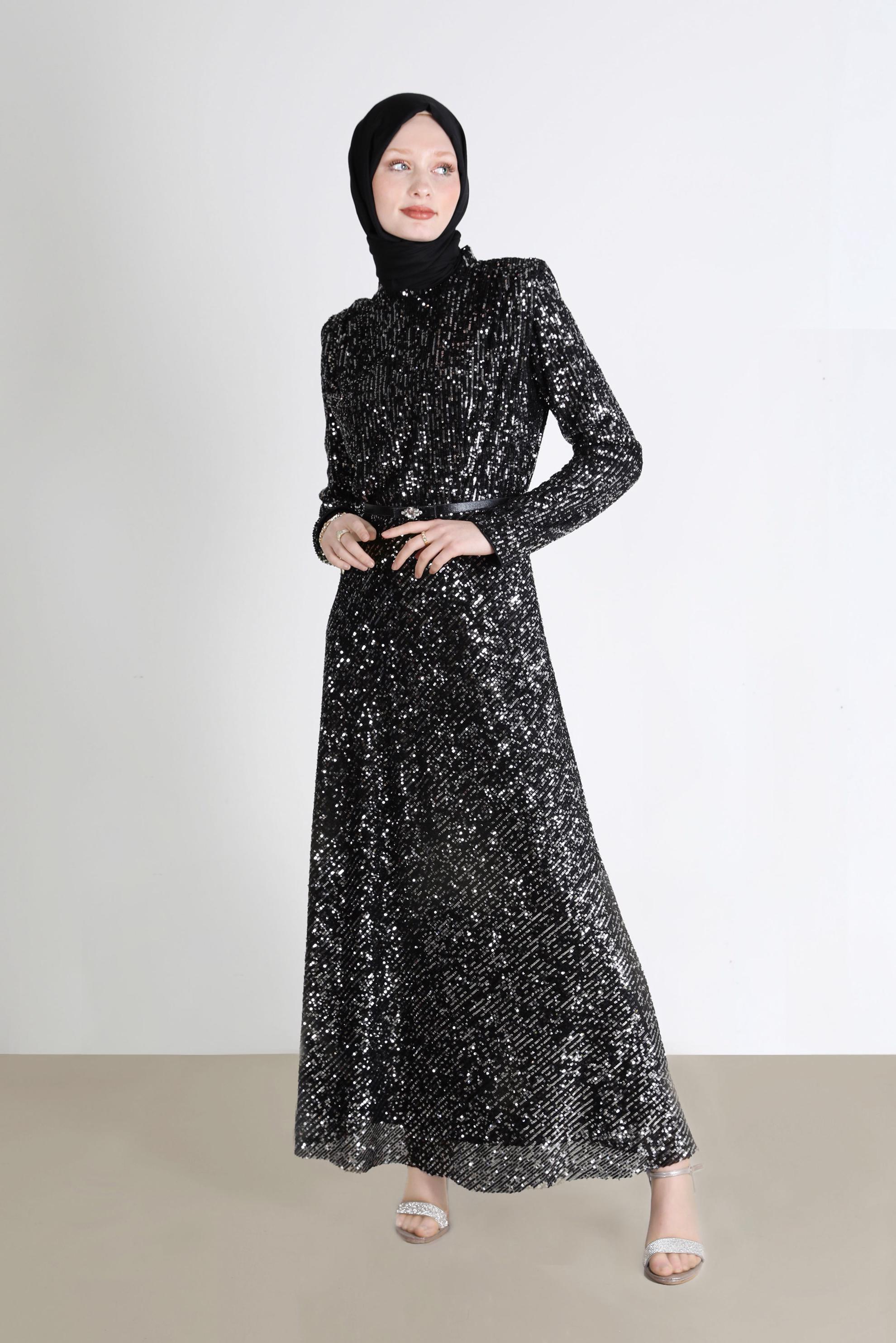 Tesettür giyim SİYAH VATKA GÖRÜNÜMLÜ PULLU ABİYE ELBİSE 50235 