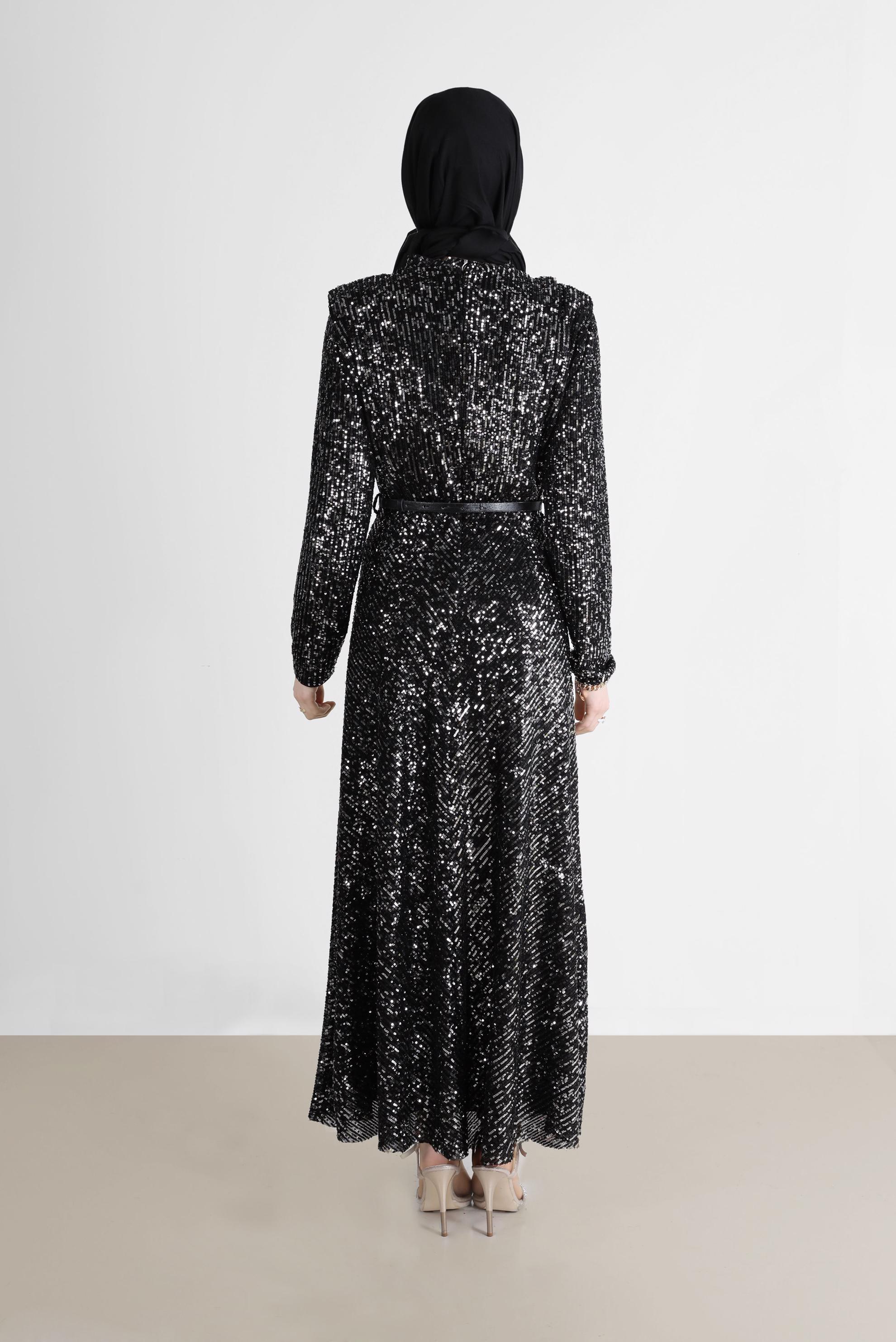 Tesettür giyim SİYAH VATKA GÖRÜNÜMLÜ PULLU ABİYE ELBİSE 50235 