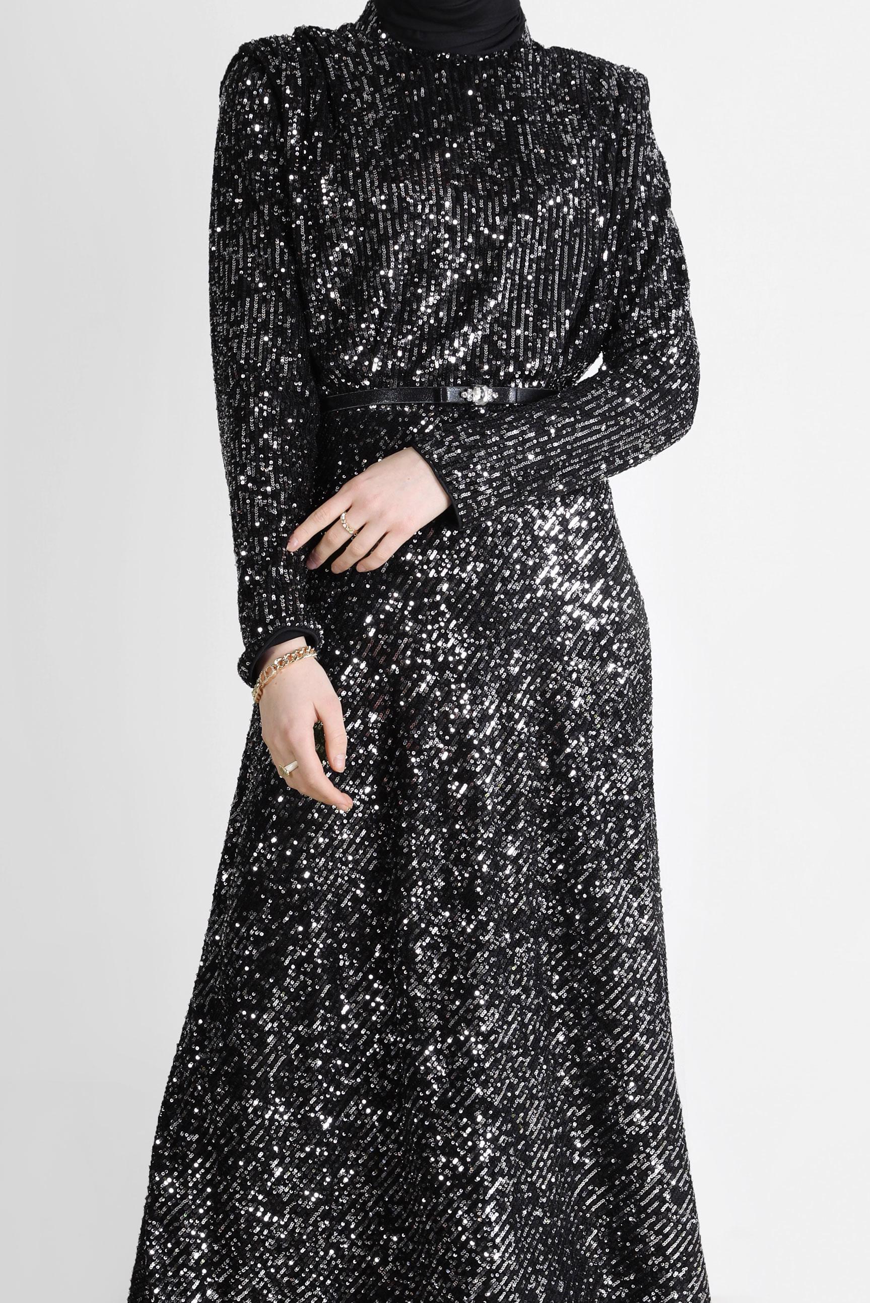 Tesettür giyim SİYAH VATKA GÖRÜNÜMLÜ PULLU ABİYE ELBİSE 50235 