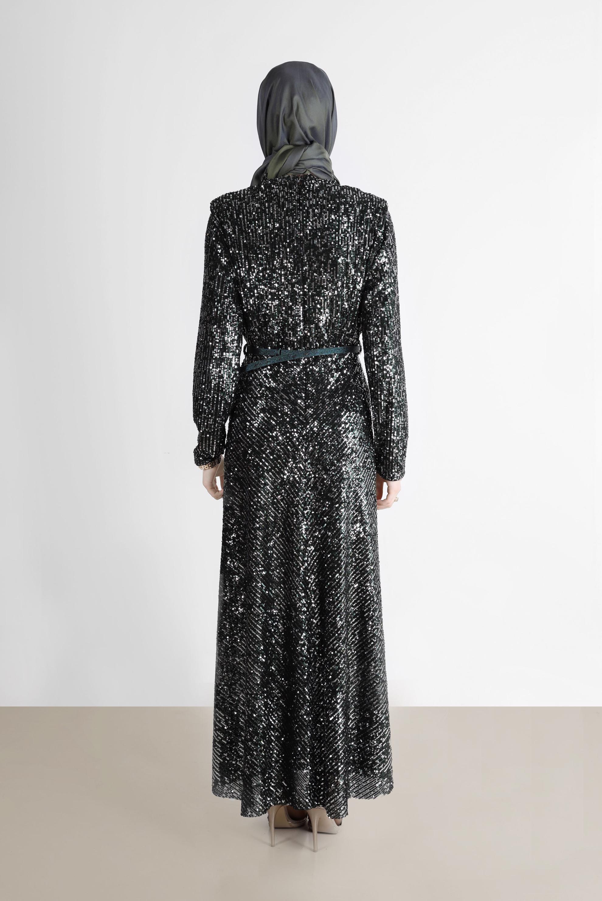 Tesettür giyim YEŞİL VATKA GÖRÜNÜMLÜ PULLU ABİYE ELBİSE 50235 