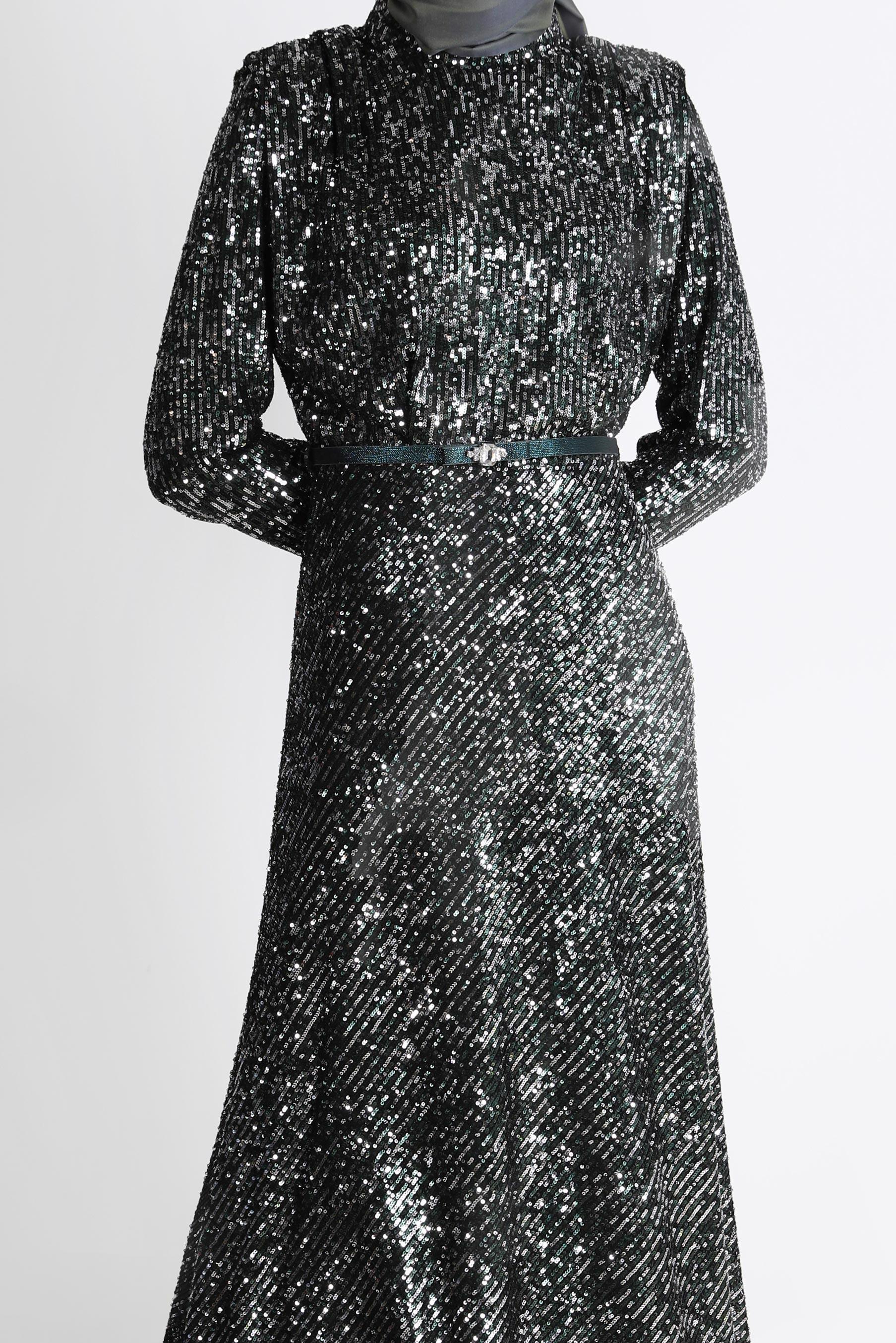 Tesettür giyim YEŞİL VATKA GÖRÜNÜMLÜ PULLU ABİYE ELBİSE 50235 