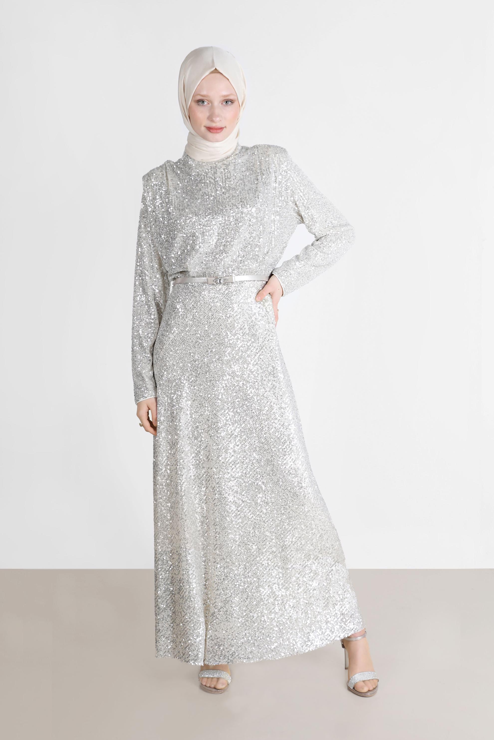 Tesettür giyim EKRU VATKA GÖRÜNÜMLÜ PULLU ABİYE ELBİSE 50235 