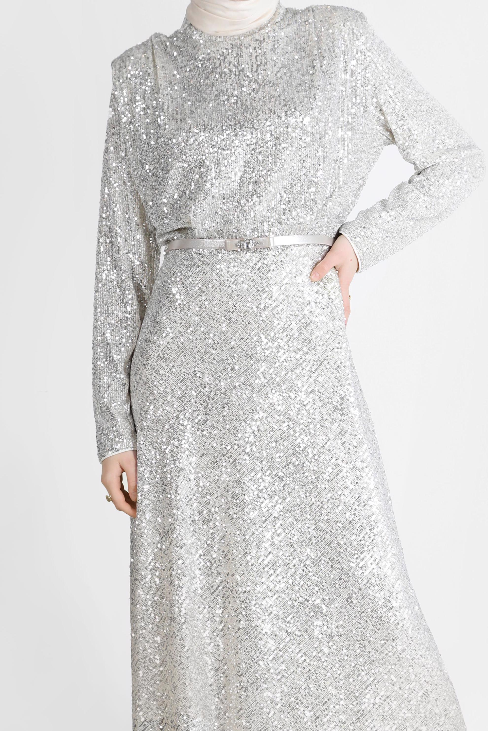 Tesettür giyim EKRU VATKA GÖRÜNÜMLÜ PULLU ABİYE ELBİSE 50235 