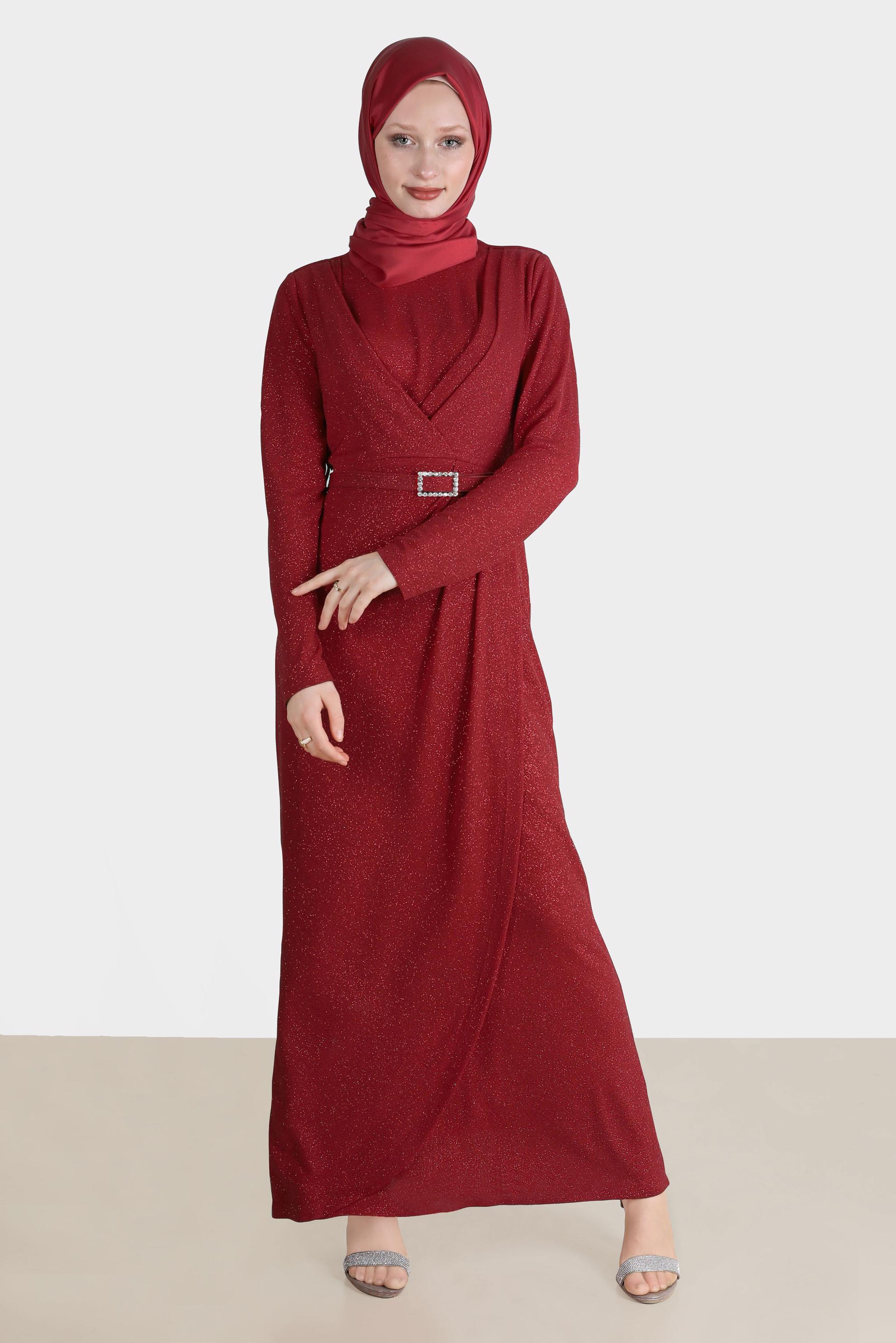 Tesettür giyim KIRMIZI SİMLİ KEMERLİ ABİYE 50237