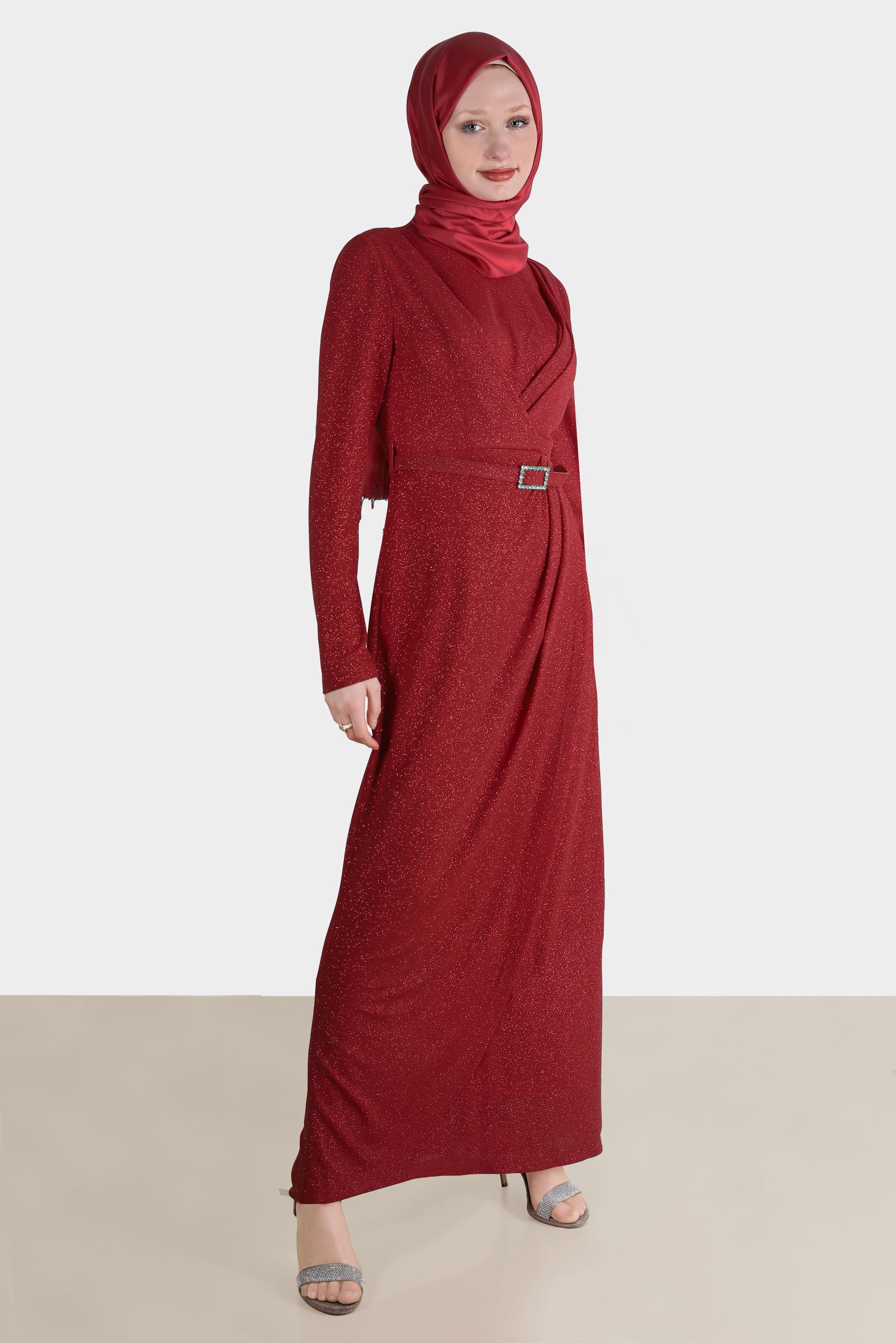 Tesettür giyim KIRMIZI SİMLİ KEMERLİ ABİYE 50237