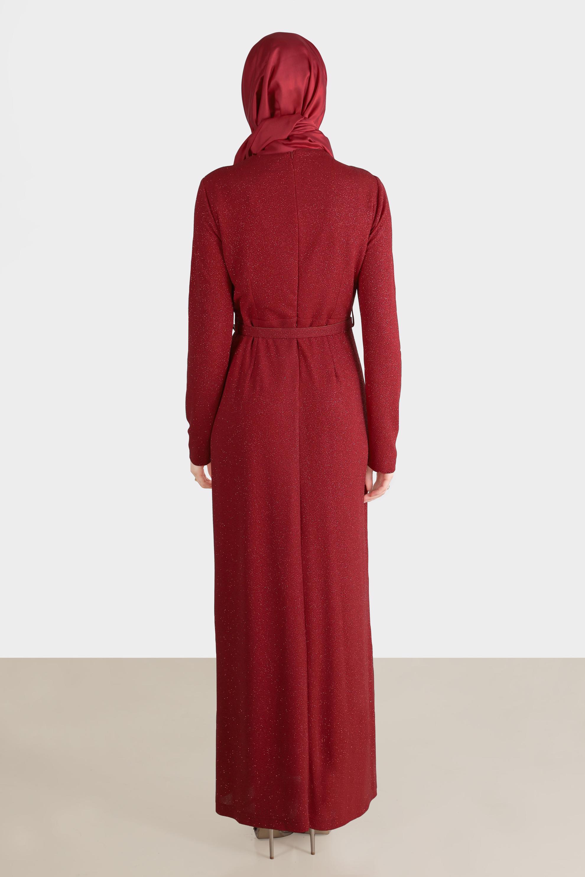 Tesettür giyim KIRMIZI SİMLİ KEMERLİ ABİYE 50237