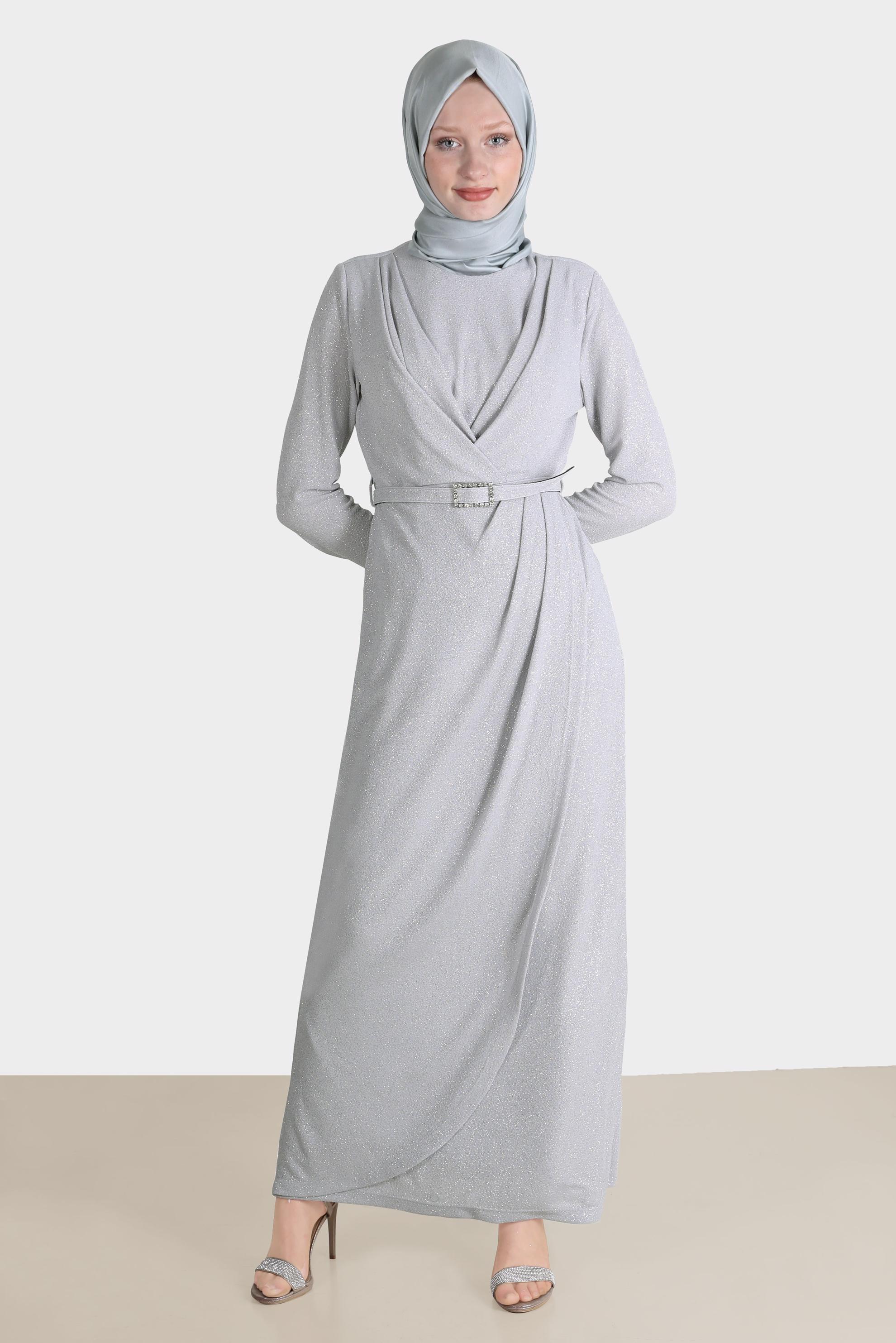 Tesettür giyim GRİ SİMLİ KEMERLİ ABİYE 50237