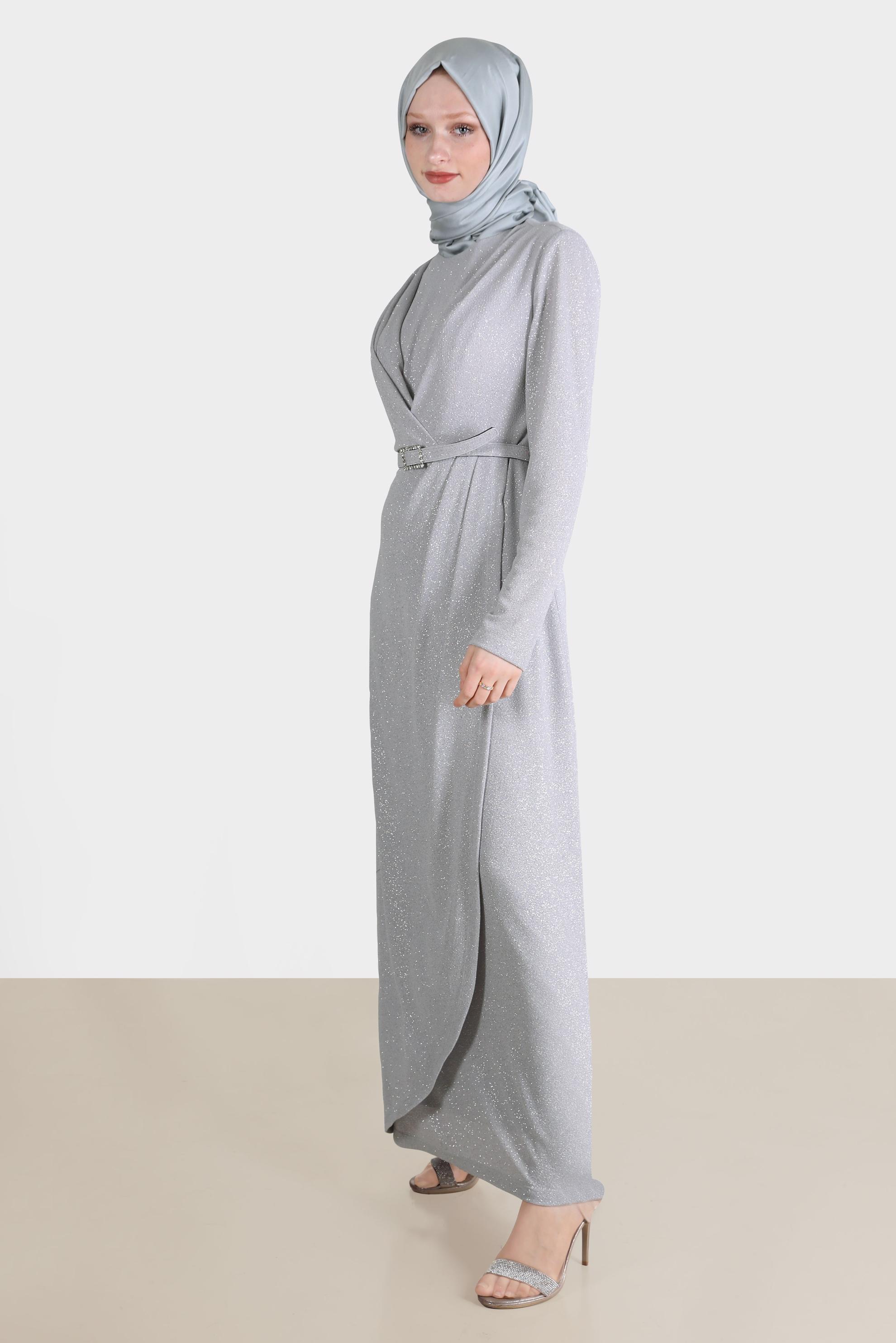 Tesettür giyim GRİ SİMLİ KEMERLİ ABİYE 50237