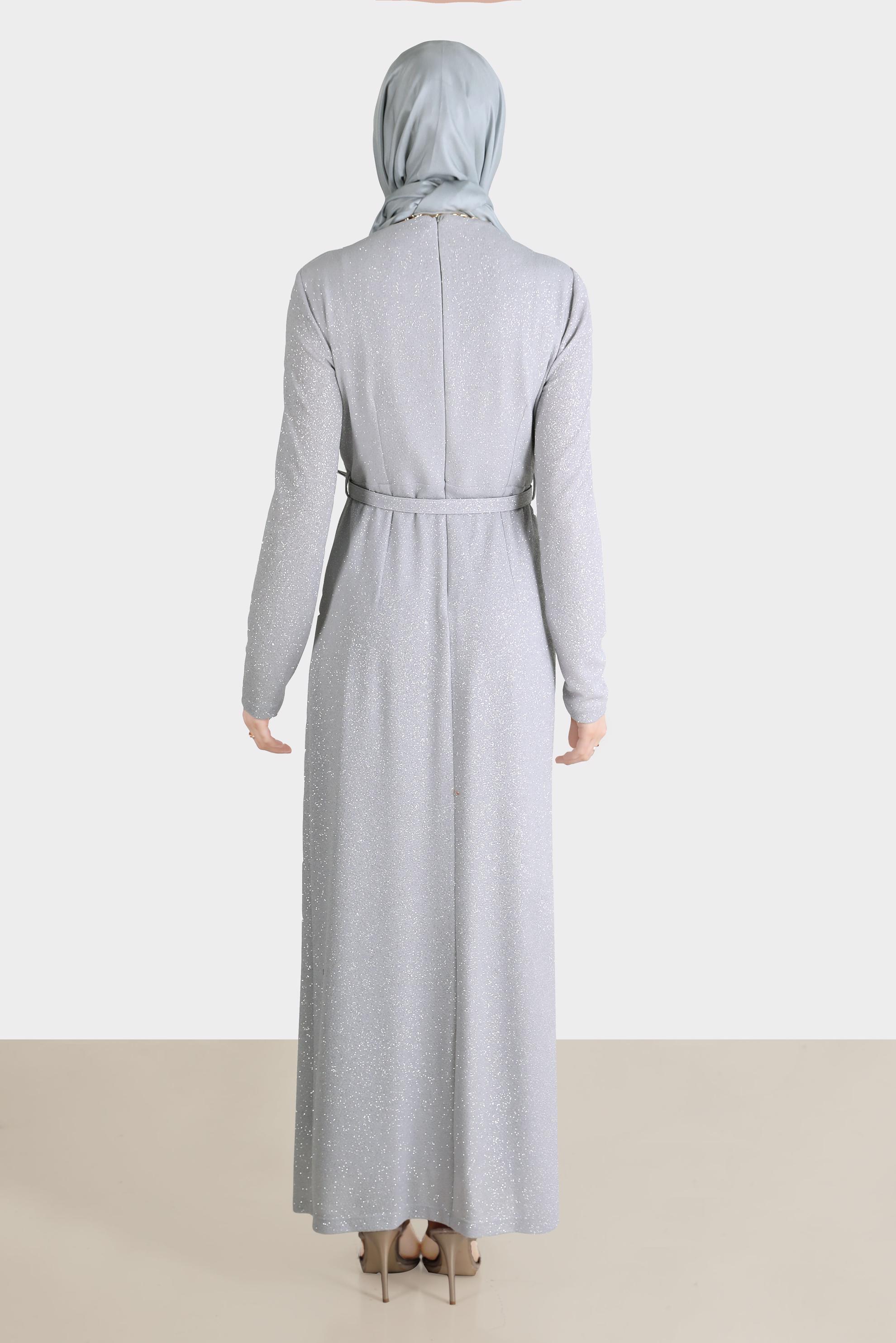 Tesettür giyim GRİ SİMLİ KEMERLİ ABİYE 50237