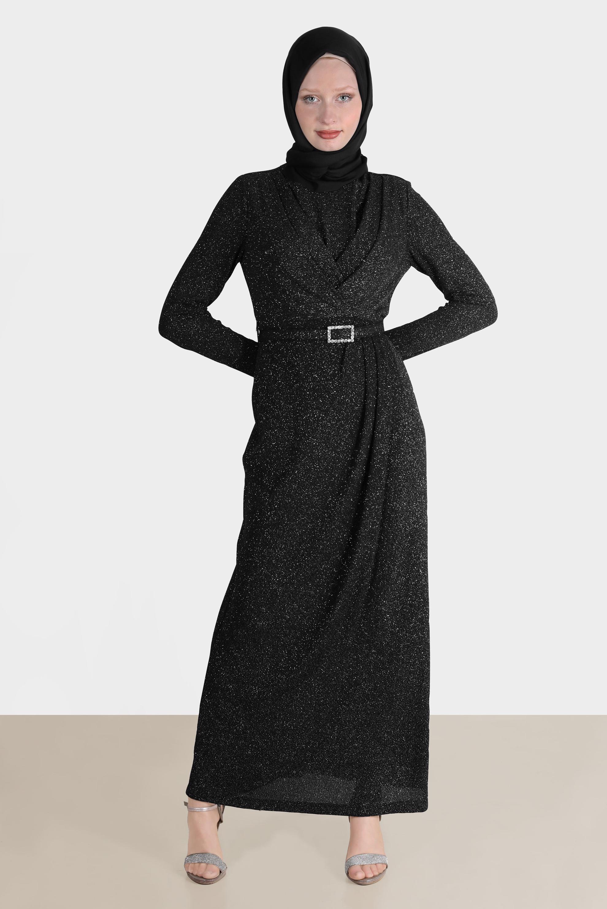Tesettür giyim SİYAH SİMLİ KEMERLİ ABİYE 50237
