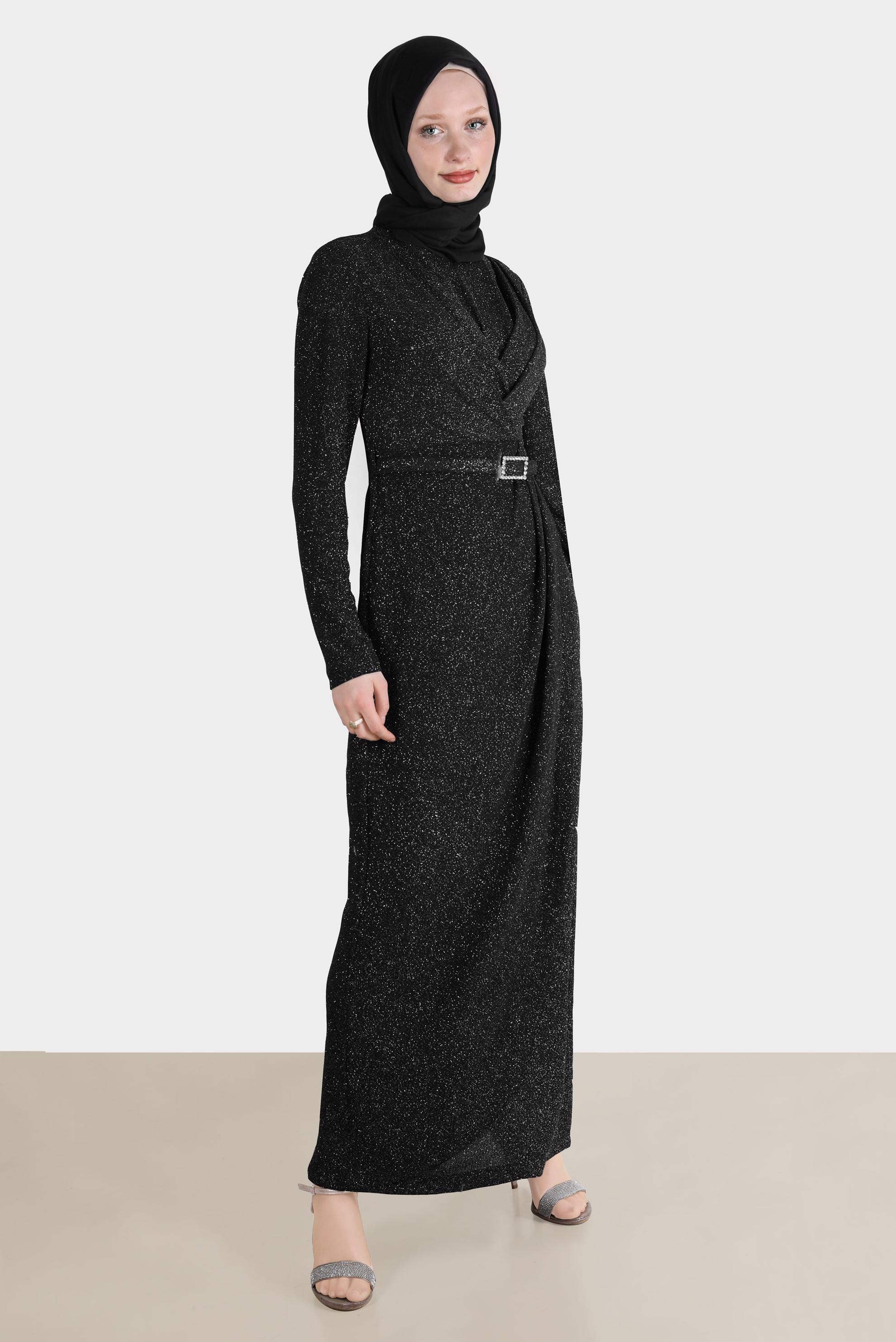 Tesettür giyim SİYAH SİMLİ KEMERLİ ABİYE 50237