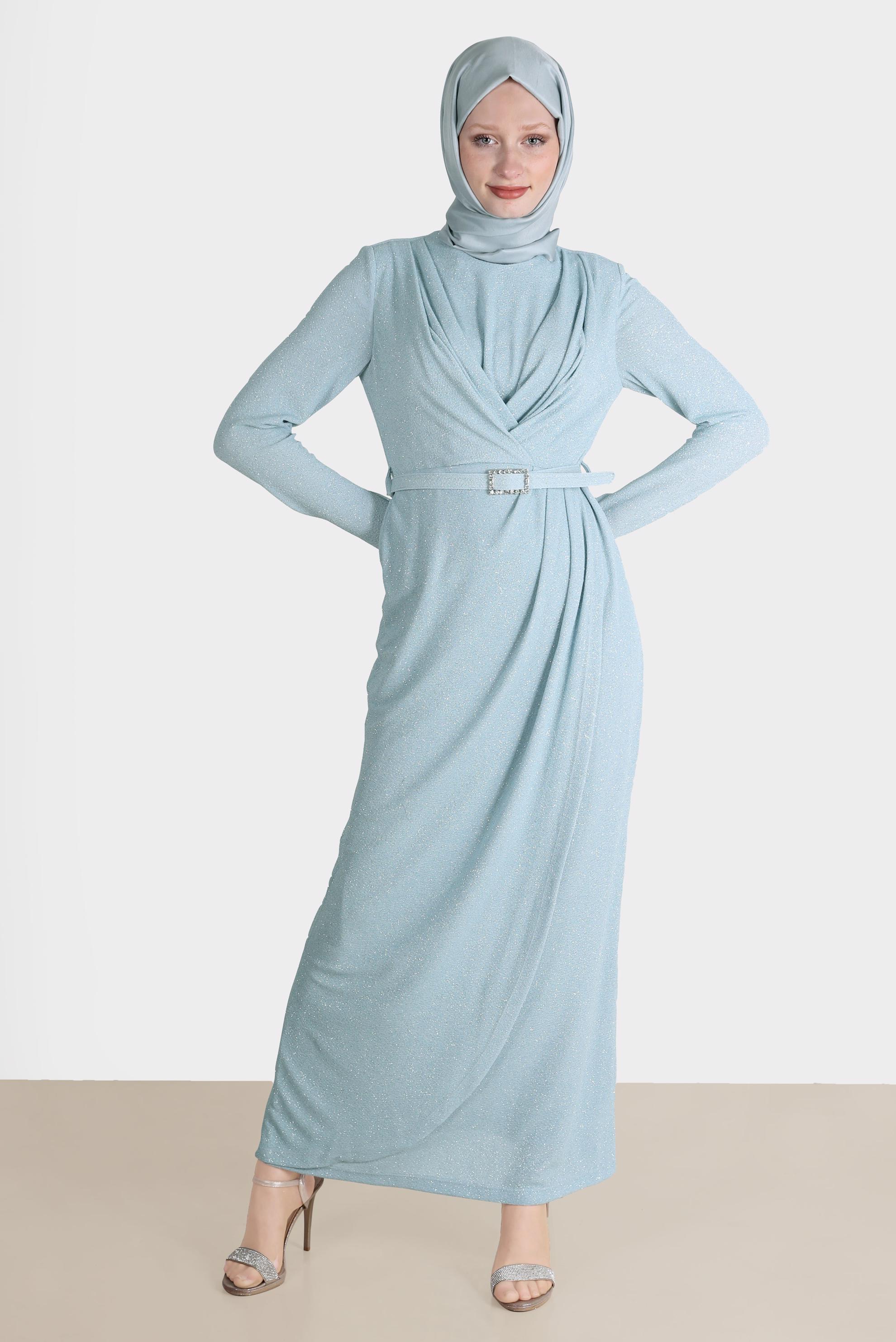Tesettür giyim MAVİ SİMLİ KEMERLİ ABİYE 50237