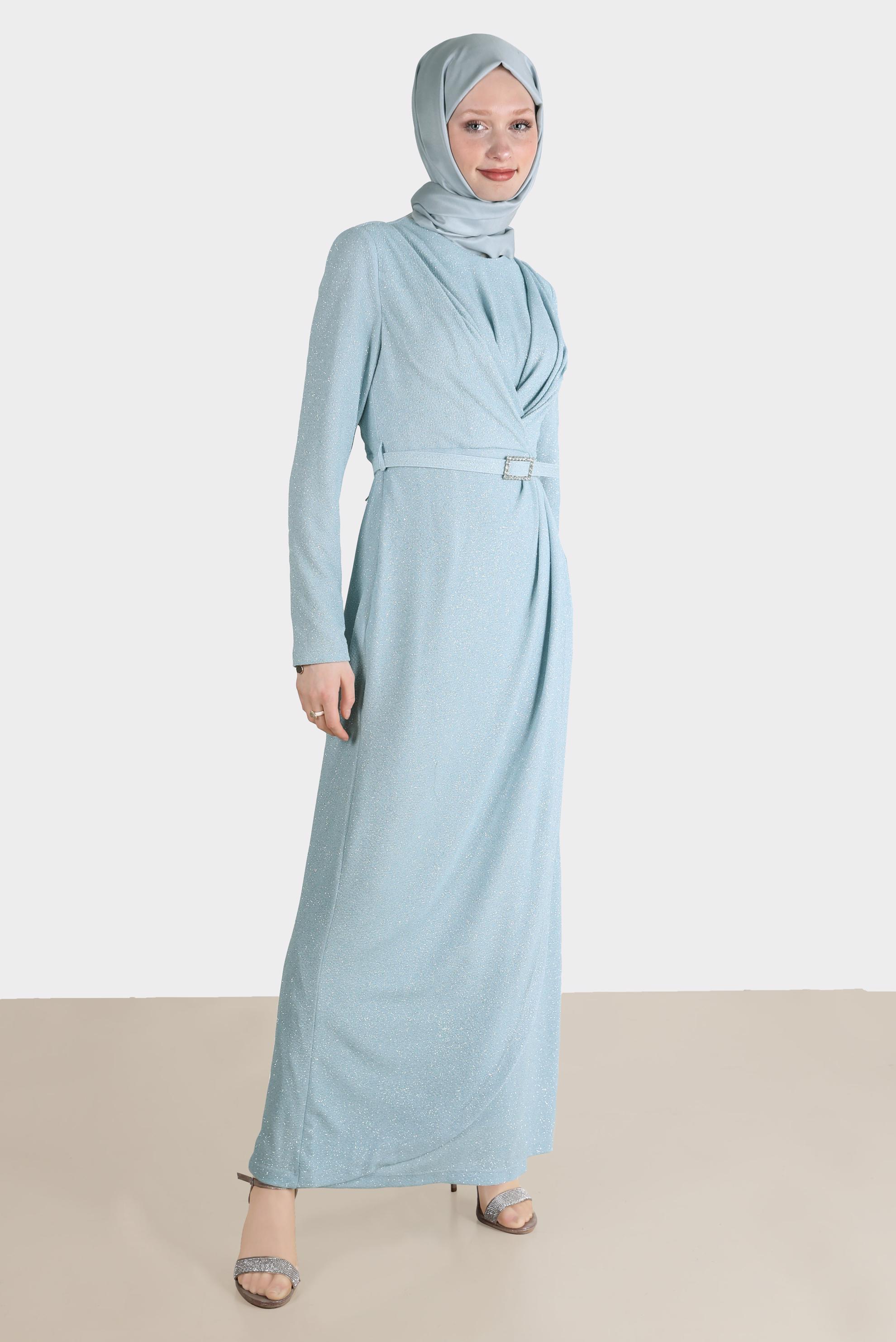 Tesettür giyim MAVİ SİMLİ KEMERLİ ABİYE 50237