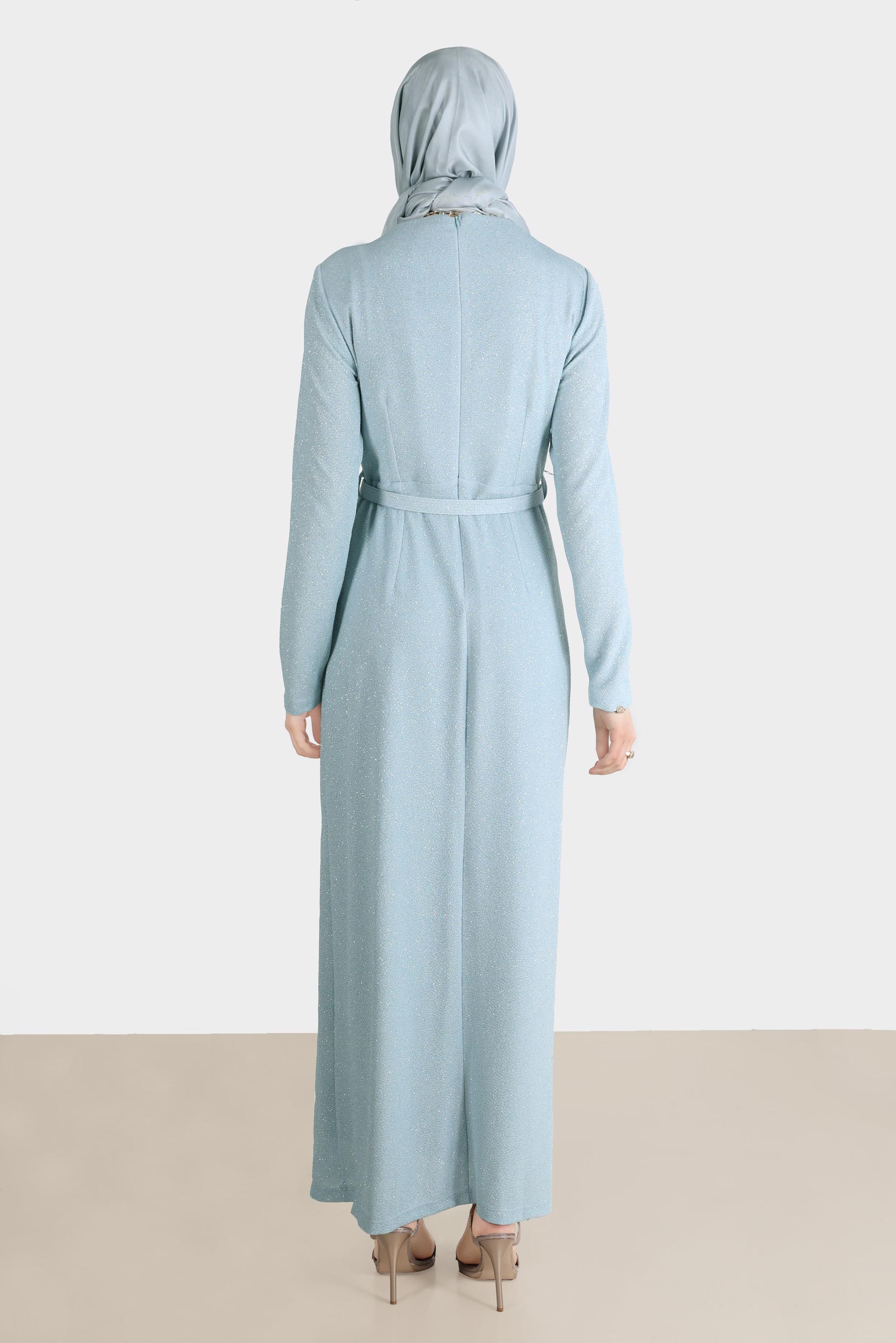 Tesettür giyim MAVİ SİMLİ KEMERLİ ABİYE 50237