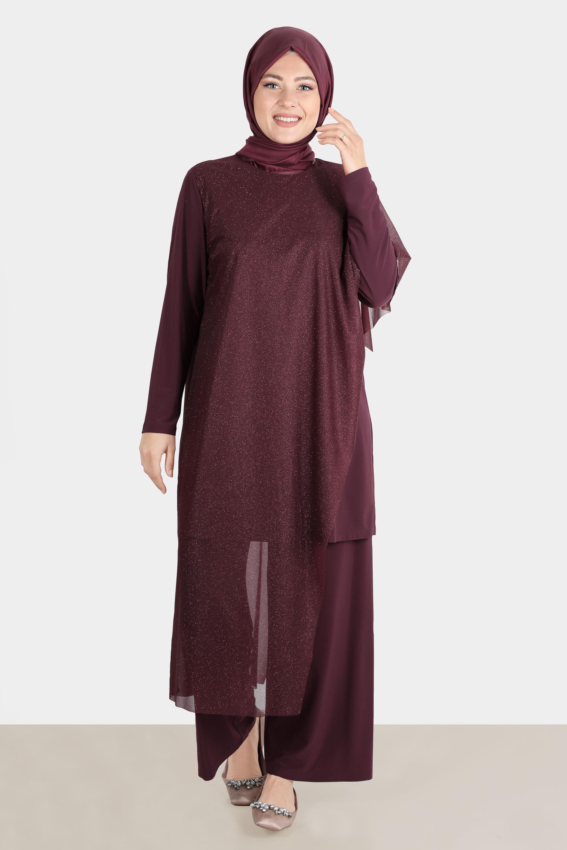 Hijab clothing CLARET RED SILVERY TULLE 2-PIECE EVENING PANTS SUIT 50239 