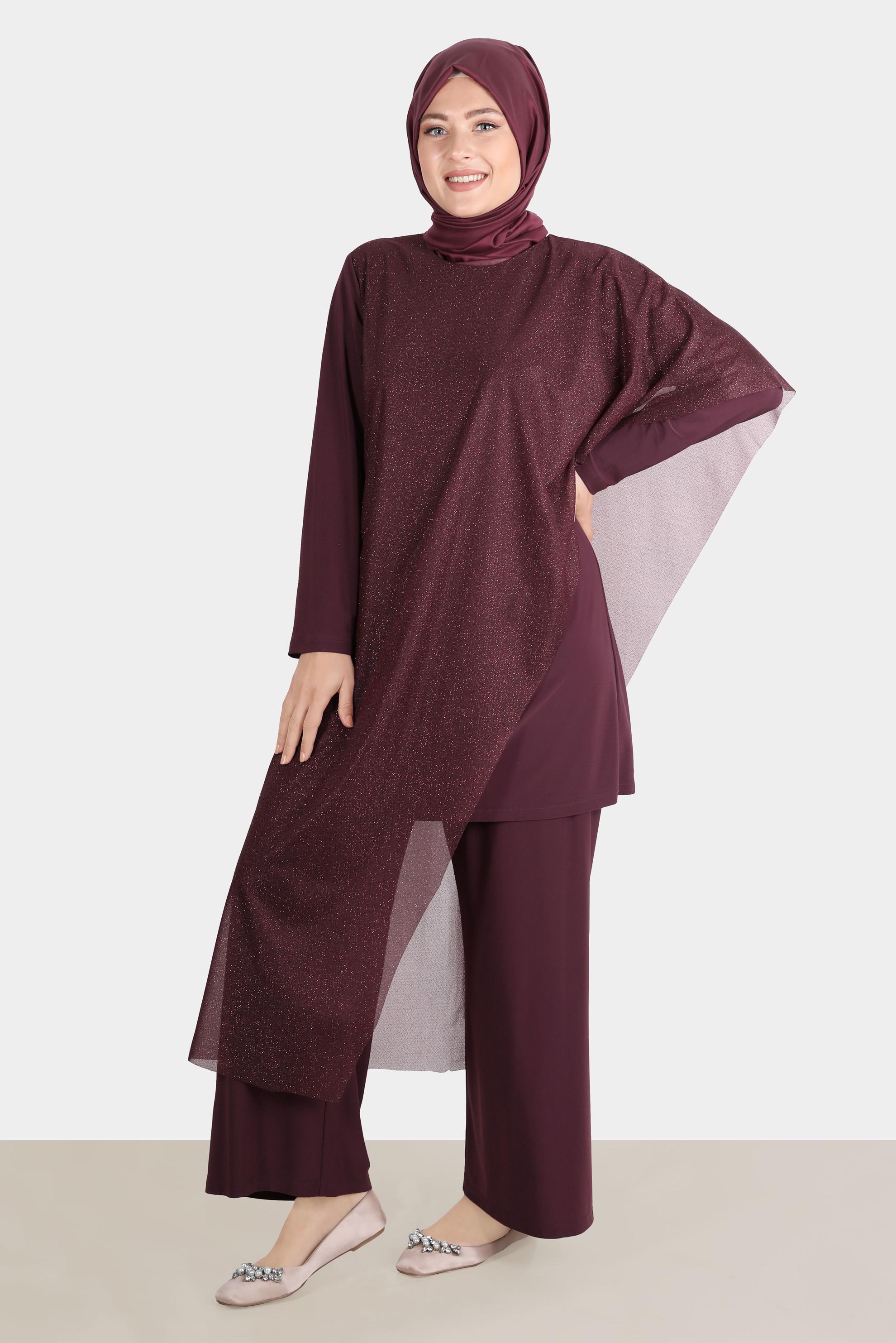 Hijab clothing CLARET RED SILVERY TULLE 2-PIECE EVENING PANTS SUIT 50239 